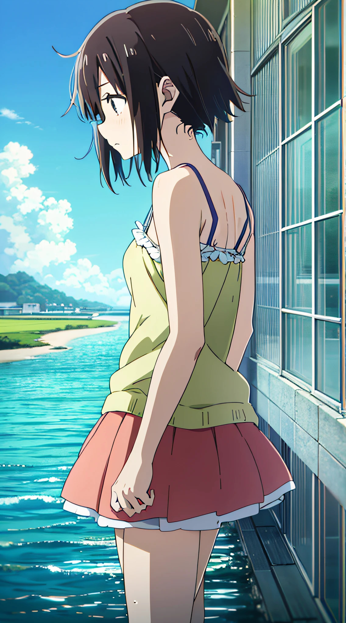 (Anime, Anime Art Style:1.2) Yuyushiki, Young Girl, 13 years old, Sweaty, Camisole, Seaside, Sunshine, (Looking away:1.5),Blue sky,Various movements,Various angles