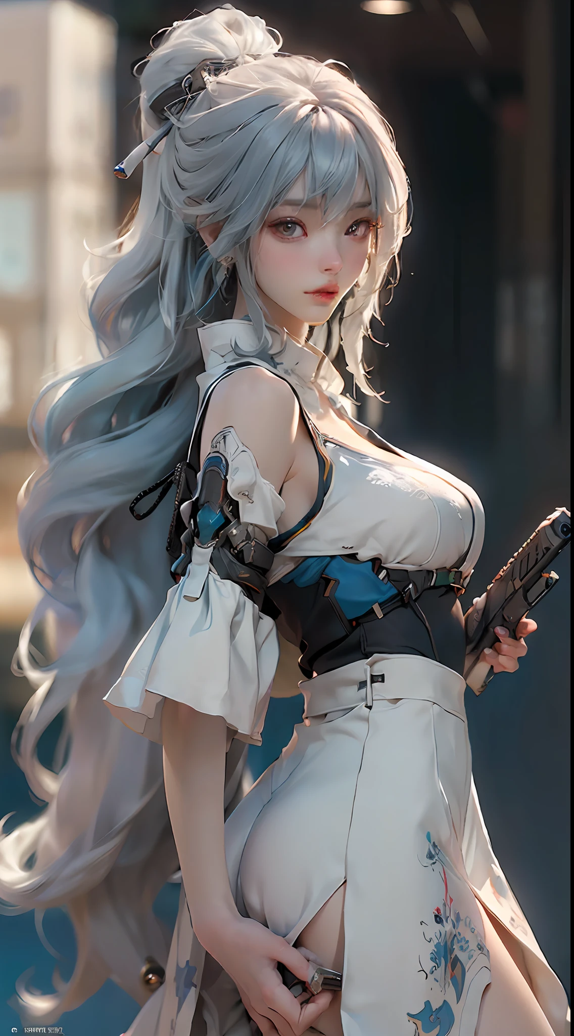 (Best Quality), ((Masterpiece), (Detail: 1.4), 3D, A Beautiful Cyberpunk Woman, HDR (High Dynamic Range), Ray Tracing, NVIDIA RTX, Super-Resolution, Unreal 5, Subsurface Scattering, PBR Textures, Post-Processing, Anisotropic Filtering, Depth of Field, Maximum Sharpness and Clarity, Multi-layer Textures, Albedo and Highlight Maps, Surface Shading, Accurate simulation of light-material interactions, perfect proportions, Octane Render, two-color light, large aperture, low ISO, white balance, rule of thirds, 8K RAW, surrounded by three crows, holding a silver pistol in hand, long blue hair flowing in the wind