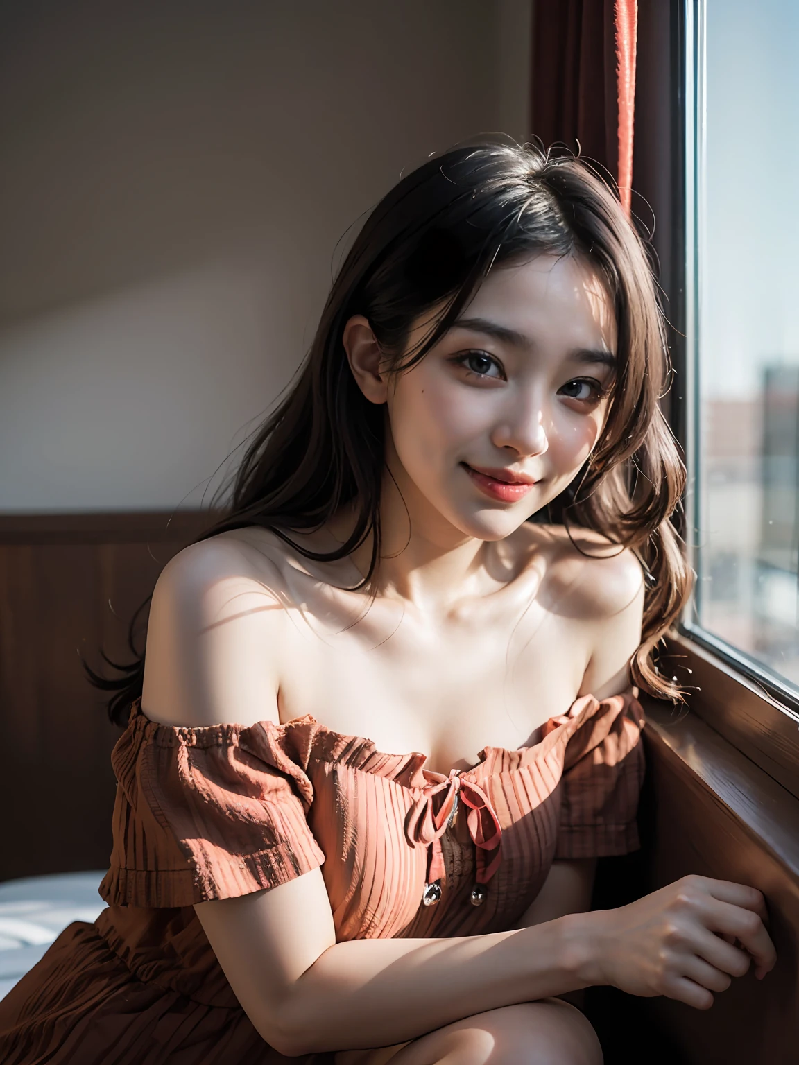 Best Quality, Masterpiece, Ultra High Resolution, (Realism: 1.5), Original Photo, 1Girl, Off-the-Shoulder, Deep Shadow, Low Key, Warm Light, Fujifilm, Fujifilm Color, 4K, Smile, On the Hotel Room Window Sill, Dress