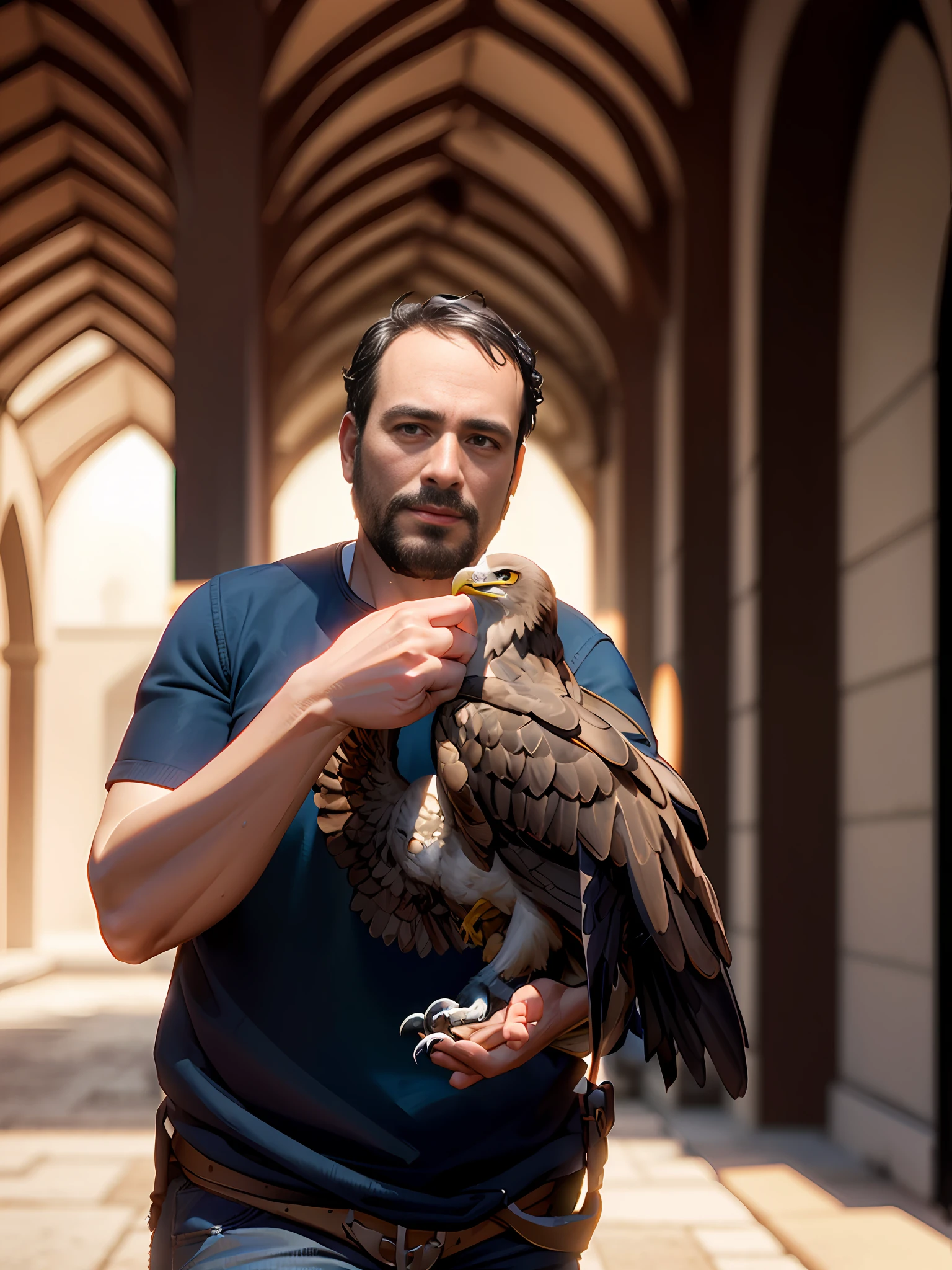 man with his brown eagle on hih left hand, a knight, in dessert, in front of village and masjid and, ultra bright, daylight, day time, sun rays, realistic scene, bright daylight, charming details, full scene, fussy, particular, firefly, max quality, 3d, blender scene, ultra reflective, volumetric elements, moon rising, 2.5D, pixar environment, polygon style, aesthetic, village, mosque, studio ghibli style, intense soft colors, high vibrant, high contrast, micro details, macro details style, infinite zoom, max contrast, max poly, polychrome, ornamented, realistic digital art,