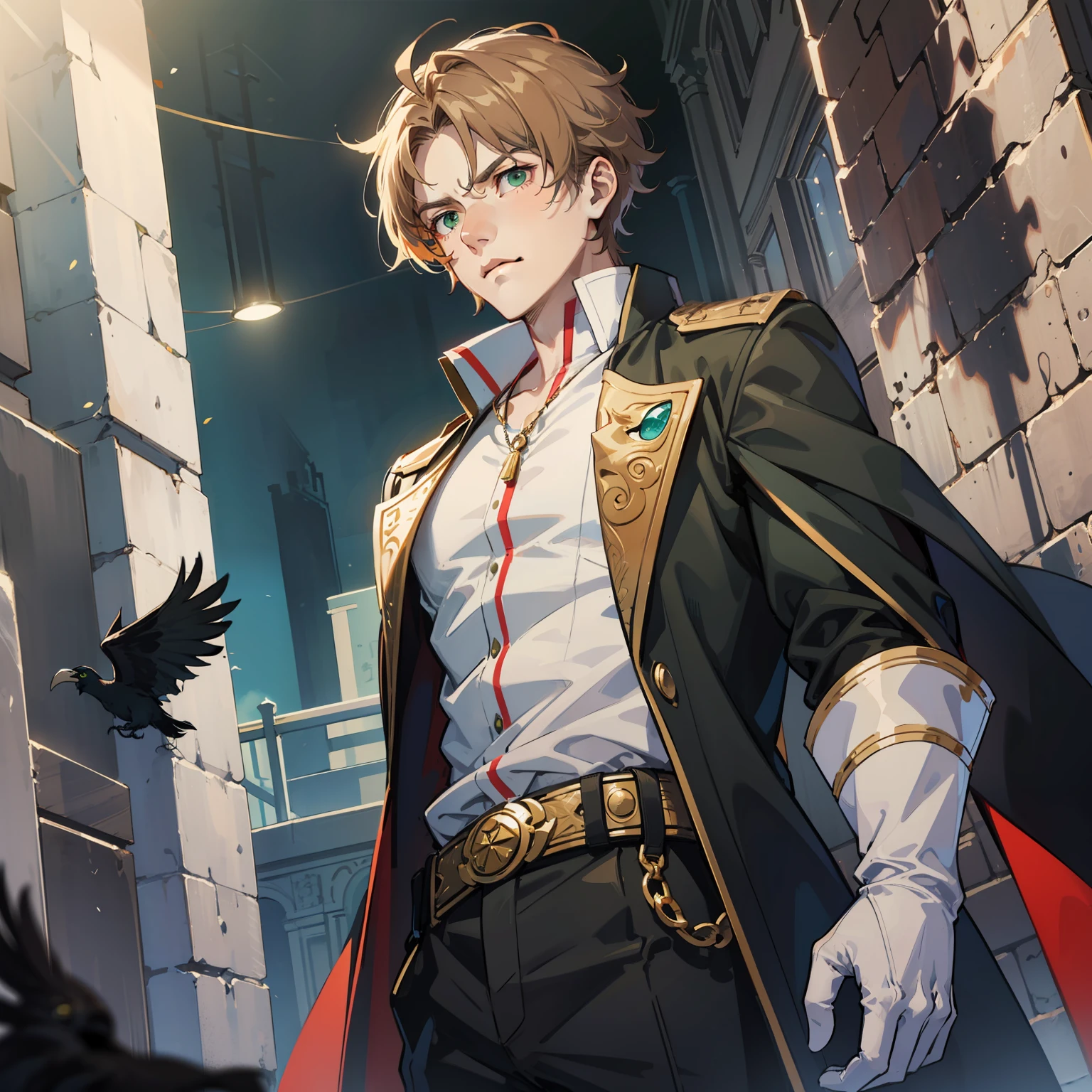 a man, villain, pretty good shape, tall, pale skin, short hair, light brown hair, green eyes, crow mask on face, wearing white gloves, serious, anime, high detail