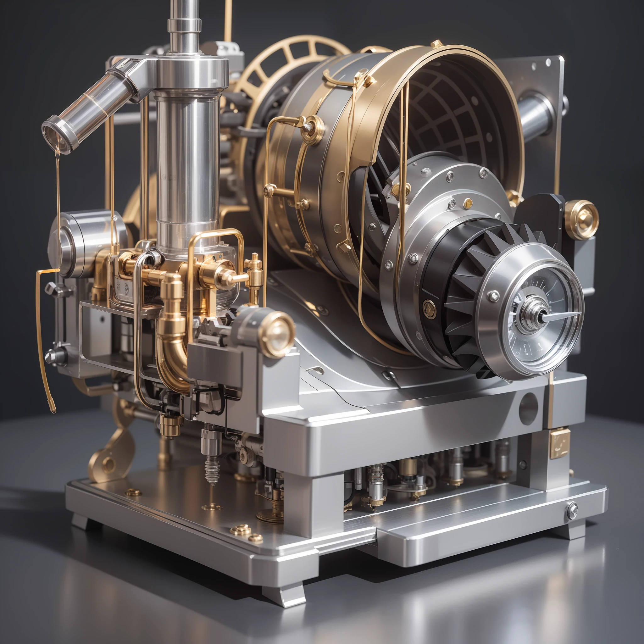 A real machine made of stainless steel with a high degree of craftsmanship and quality assurance, masterpieces in the hands of top masters, extremely detailed and sharp image resolution, rendered with camera-like realism, inspired by real photos, highly realistic details, as commemorative images, panoramic lighting effects, fine and accurate shadow representation, using advanced octane rendering technology, up to 8K resolution, extremely sharp and clear lines and details, performance of metallic materials, fine and intricate decorative details, steampunk style details, Details such as vacuum tubes, liquid tubes, oil pressure gauges, glass tubes, analog instruments, highlighting the details and movement of gears, the performance of gold hydraulic cylinders, highly complex and detailed depictions, realistic lighting effects, following current trends in CG technology, depicting mechanized body parts, depicting blood vessels connected to catheters, depicting wires and cables connected to the head, drawing details of small LED lamps based on the inspiration of Gundam mechs
