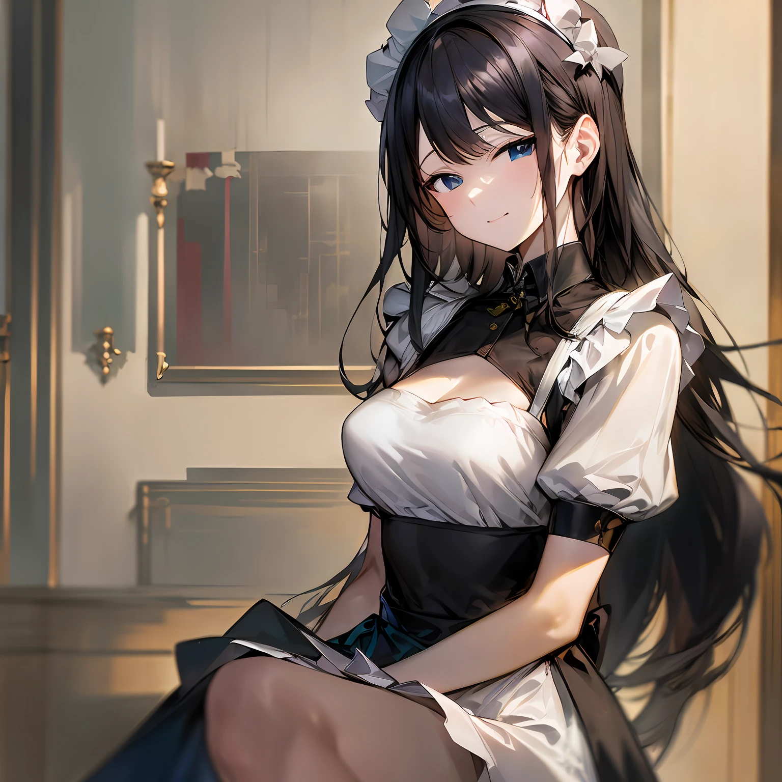 anime character with long black hair and white dress posing for a picture, gorgeous maid, anime girl in a maid costume, maid outfit, loli in dress, guweiz on pixiv artstation, guweiz on artstation pixiv, maid, small curvy loli, cute anime waifu in a nice dress, artwork in the style of guweiz