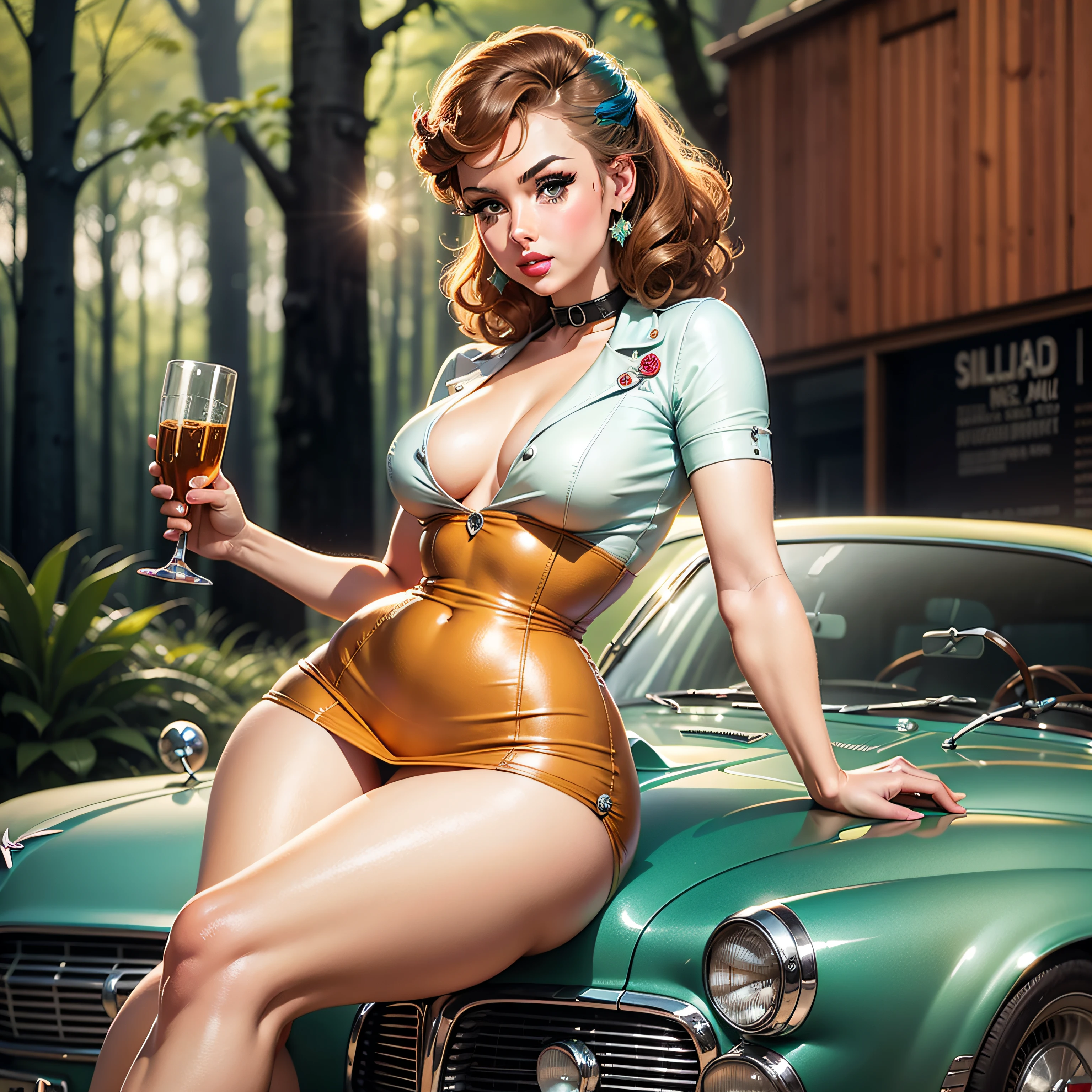 (top quality), retro 1950s driver leaning on car holding small glass with oil, on the forest road, pinup style, car, retrofuturism, vintage, retro pinup model, 1950s illustration popart style, pin-up poster girl, pinup, pinup art, pin up style poster, pin up, pinup model, beautiful retro art