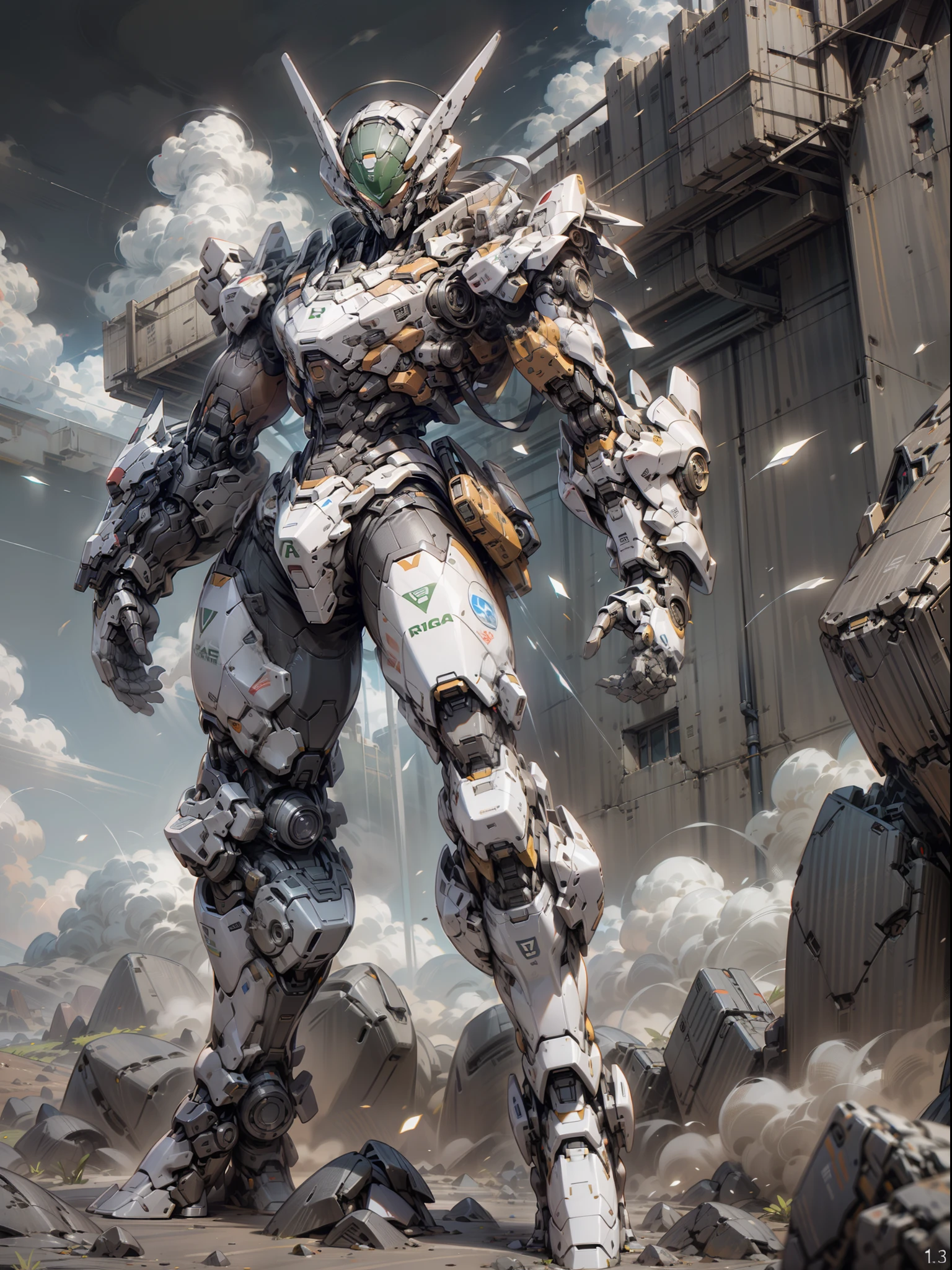 Best Quality)), ((Master Works)), (Very detailed: 1.3), 8K, cool painting, full of sci-fi atmosphere, wandering wilderness hunter in the desert, streamlined black armor, complex weapons and equipment behind it, Gundam humanoid mech, anime mecha aesthetics, perfect body proportions, heads-up view, standing posture, military giant mech, missiles, rocks, futuristic technology, realism, dark clouds in the sky, dark war background, ray tracing, light particles, nvidia Trtx, super resolution, Unreal 5, Subsurface Scattering, Specular and Albedo Maps, Rule of Thirds, Large Aperture, Battle Stance, 8K Raw Data, High Efficiency Subpixels, Subpixel Convolution, Light Particles, Light Scattering, Tyndall Effect, Ray Tracing.