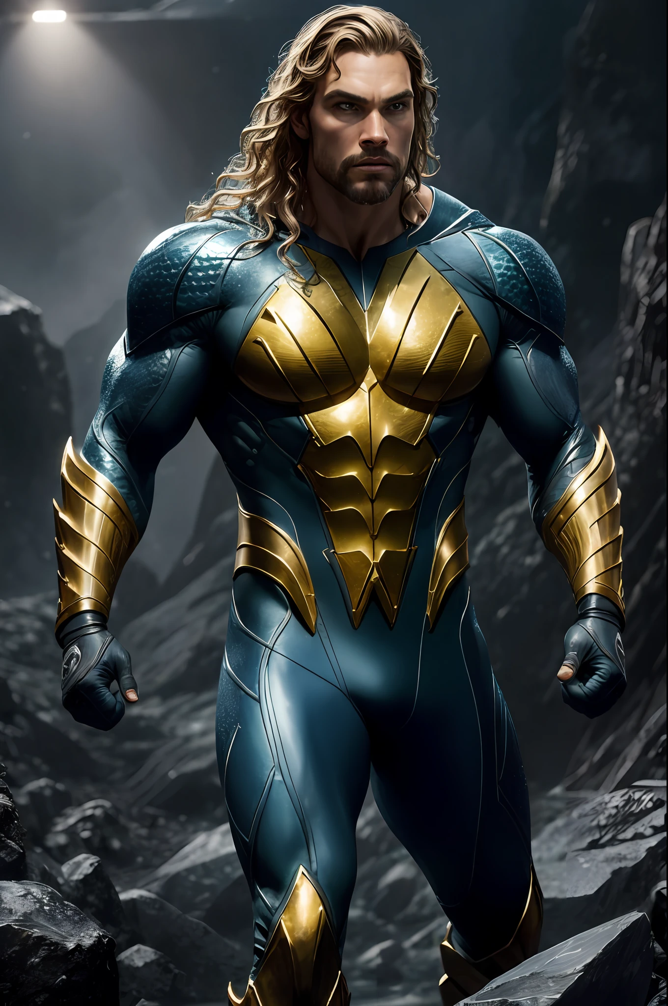 (8k, RAW photo, best quality, masterpiece: 1.2), ultra-detailed, formal art, photorealism: 1.37, upper body photo, The Rock 40 years DC Aquaman, film grain, action pose