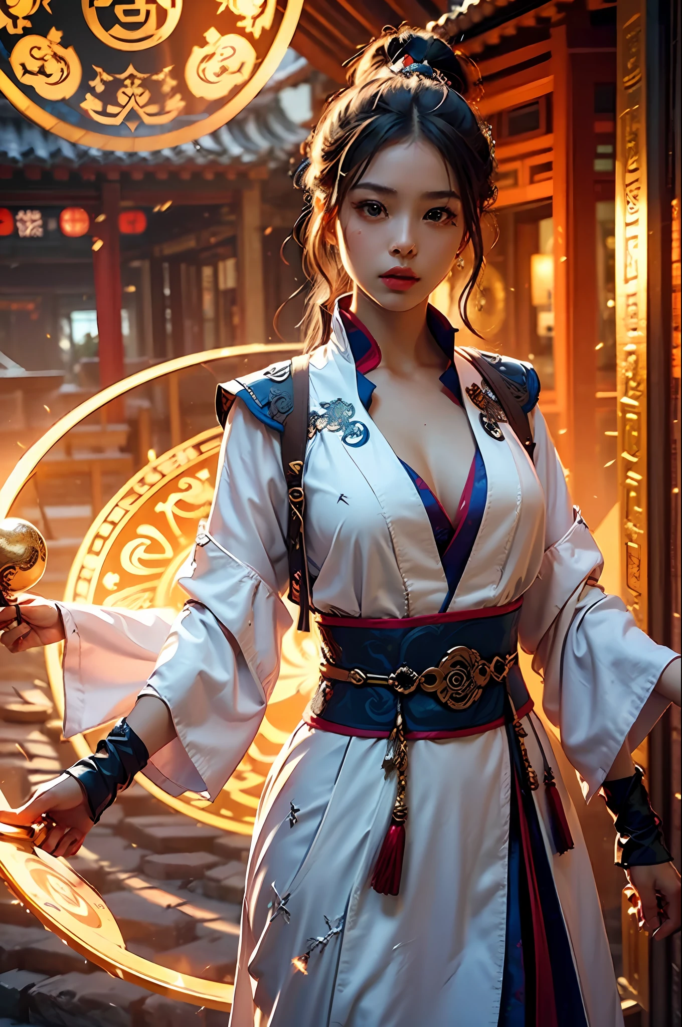 Best quality,masterpiece,ultra high res,(photorealistic:1.4),xiuxian,weapon,Detailed face,
1girl,solo,weapon,cleavage,(magic circle:1.2),xiuxian,upper body,Beautiful girl,full body,east asian architecture,sheath,architecture,