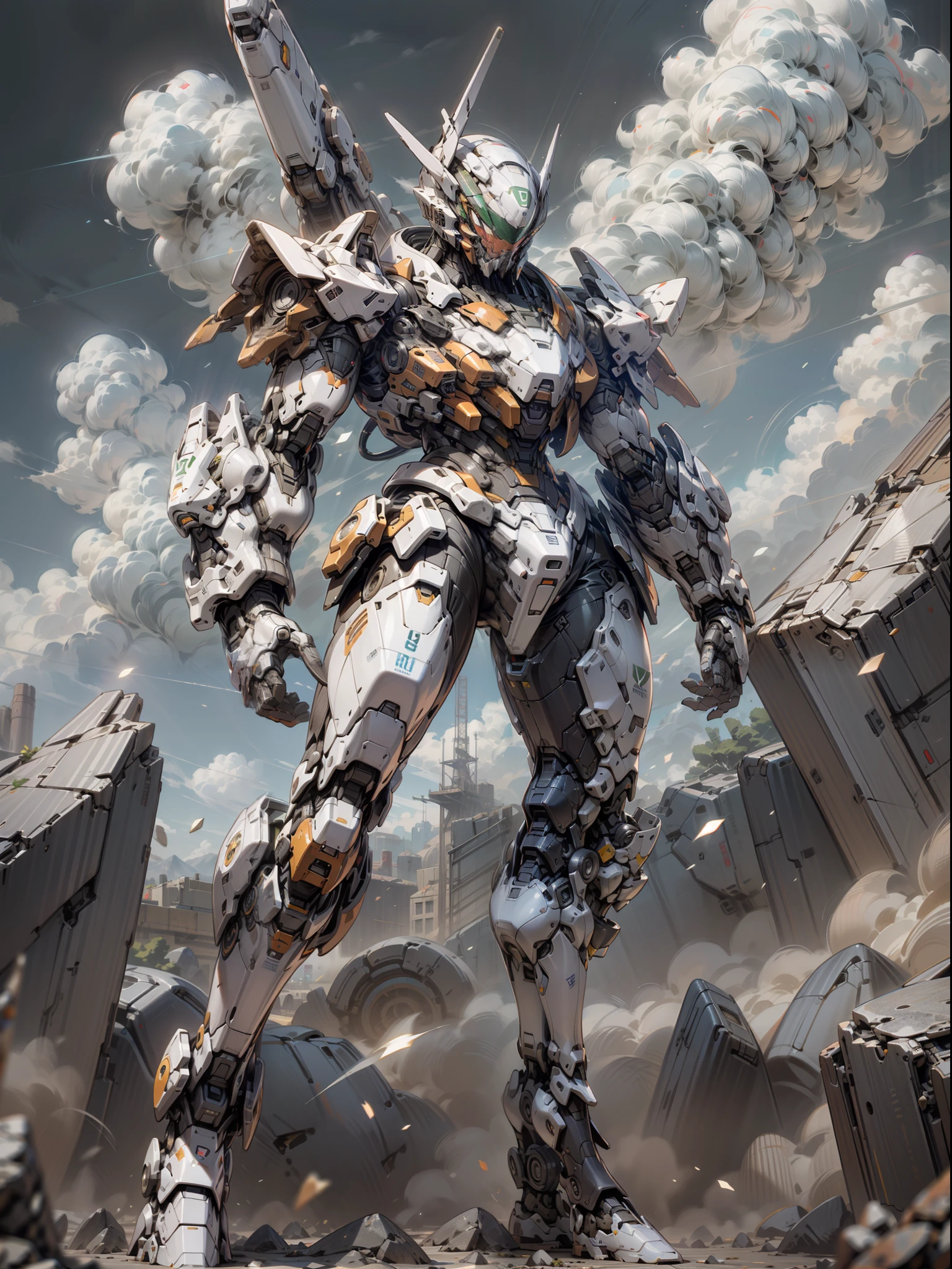 Best Quality)), ((Master Works)), (Very detailed: 1.3), 8K, cool painting, full of sci-fi atmosphere, wandering wilderness hunter in the desert, streamlined black armor, complex weapons and equipment behind it, Gundam humanoid mech, anime mecha aesthetics, perfect body proportions, heads-up view, standing posture, military giant mech, missiles, rocks, futuristic technology, realism, dark clouds in the sky, dark war background, ray tracing, light particles, nvidia Trtx, super resolution, Unreal 5, Subsurface Scattering, Specular and Albedo Maps, Rule of Thirds, Large Aperture, Battle Stance, 8K Raw Data, High Efficiency Subpixels, Subpixel Convolution, Light Particles, Light Scattering, Tyndall Effect, Ray Tracing.