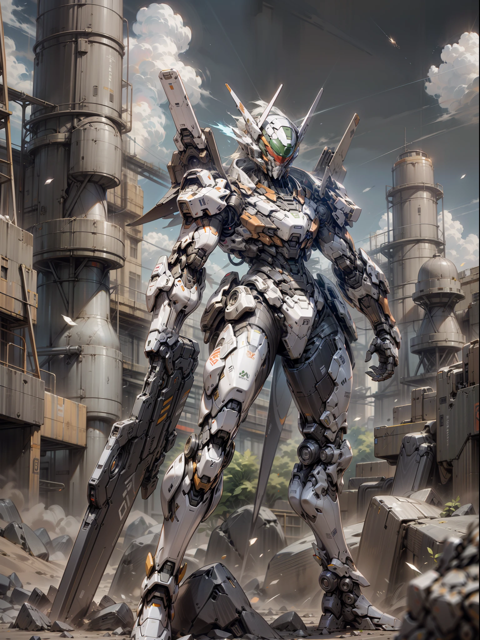 Best Quality)), ((Master Works)), (Very detailed: 1.3), 8K, cool painting, full of sci-fi atmosphere, wandering wilderness hunter in the desert, streamlined black armor, complex weapons and equipment behind it, Gundam humanoid mech, anime mecha aesthetics, perfect body proportions, heads-up view, standing posture, military giant mech, missiles, rocks, futuristic technology, realism, dark clouds in the sky, dark war background, ray tracing, light particles, nvidia Trtx, super resolution, Unreal 5, Subsurface Scattering, Specular and Albedo Maps, Rule of Thirds, Large Aperture, Battle Stance, 8K Raw Data, High Efficiency Subpixels, Subpixel Convolution, Light Particles, Light Scattering, Tyndall Effect, Ray Tracing.