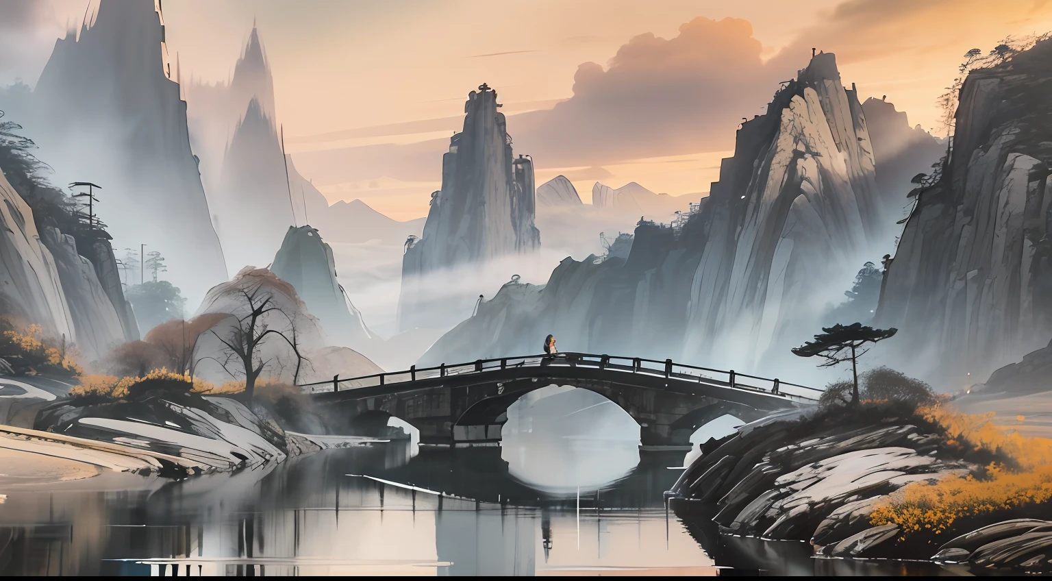 Chinese style scene, high precision, ancient style, fairy air, fairyland, there are mountains, water, clouds, cranes, atmosphere, blue and purple, vista, hand-painted style, fairy air fluttering