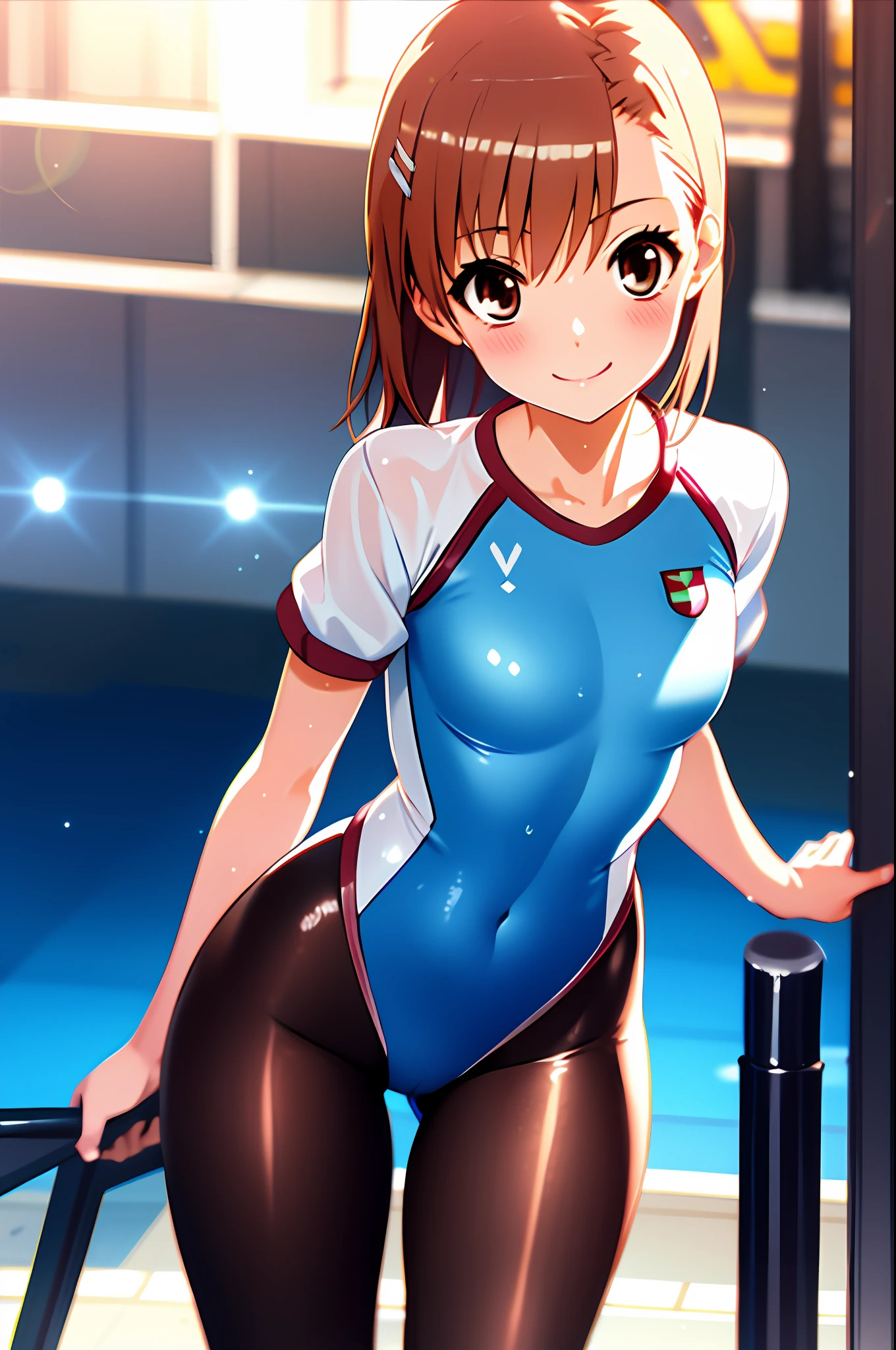 masterpiece, best quality, misaka_mikoto, brown eyes, looking at viewer, gym background, solo, small breast, upper body, , smile, close_mouth, ((standing)), lens flare abuse, thicc, onegirl, 1girl, nice ass, sexy pose, one girl, camel toe, sport suit, body suit, nice ass, condom, leotard, wet, pantyhose, leotard suit