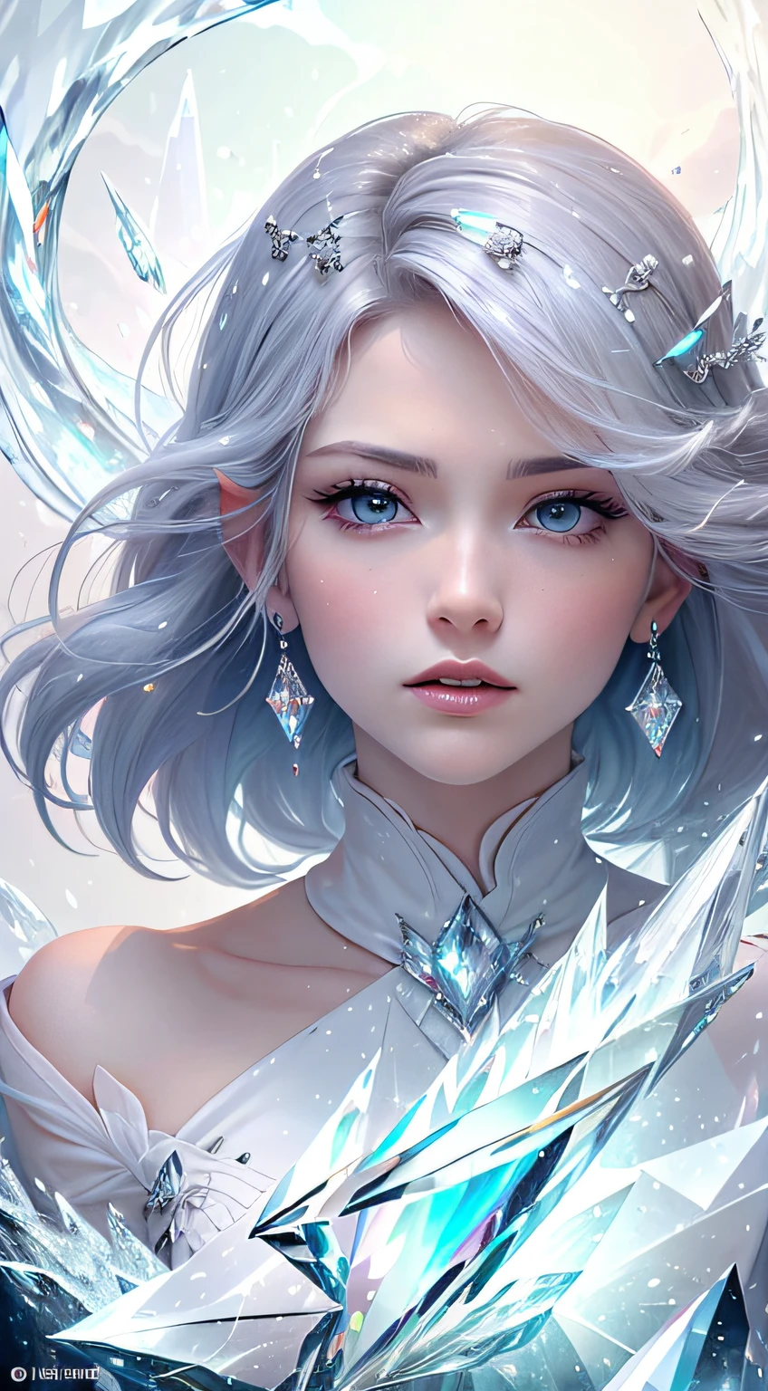 (Masterpiece, Top Quality, Best, Official Art, Beautiful and Aesthetic, Long Exposure: 1.2), Smooth Movement, Charming Patterns, 1 Girl, (Long Dress with Sleeves: 1.3), (((White Clothes) )), upper body close-up, bare shoulders, Chinese girl, blush, black lob hair, portrait, solo, upper body, looking at the observer, detailed background, detailed face, (crystallineAI, crystalline theme:1.1), elemental wind elves, rotation Wind, control the wind, white crystal clothing, dynamic pose, floating particles, ethereal dynamics, whirlwind, vapor, whirlwind in the background, white tone, whirlwind, ethereal atmosphere,