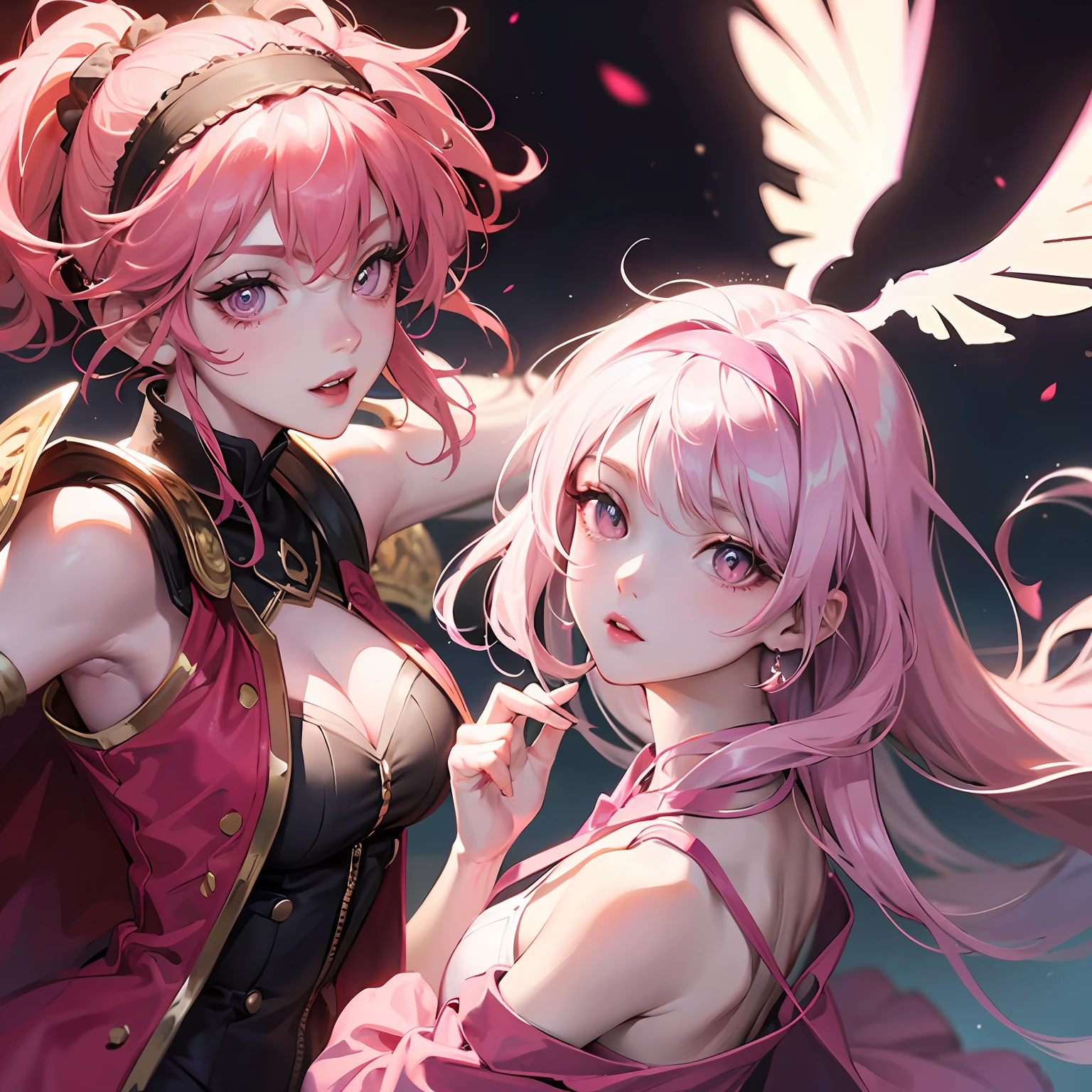 (Extreme Fine CG Works, Beautiful, Best Image Quality), (Best Light and Shadow Effects, Fine Details), Fluttering, Pink Clothing, Blue Silk Drape, Pink Hairband, Pink Skin, Pale Pink, Phoenix Eyes, Lips --auto