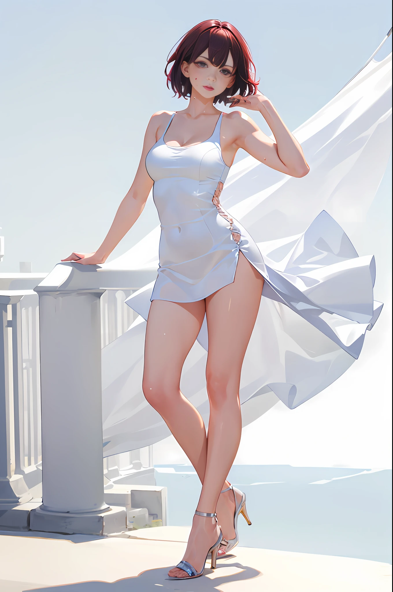 1girl, solo, full body portrait, white camisole vest, high heels, yoga attire, bare legs, masterpiece, best quality, realistic, ultra-detailed, (shiny skin, sweating: 1.4), looking at the audience, light blue short hair, red eyes, slender, dynamic light and shadow, high resolution, sharp focus, depth of field, fine eyes, sharp pupils, realistic pupils, (C cup: 1.2), (skin white: 2.0), (long legs: 1.8), (clothes transparent: 1.5), outdoor, sky