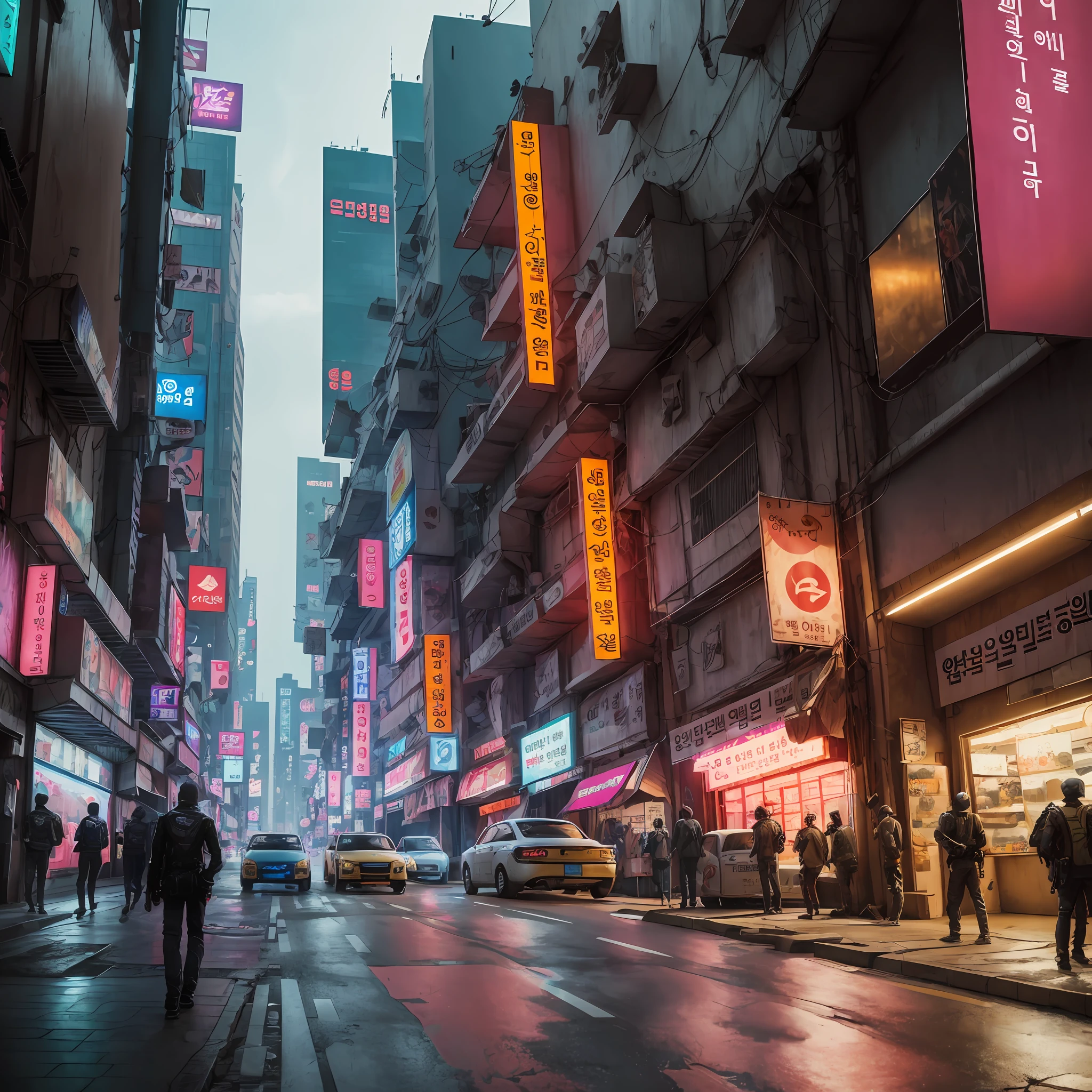 Vehicles in Seoul, cyberpunk city of science fiction movie, empty street, korean, korean signs, intricate, hyper-detailed, realistic, ultra-realistic, high quality, ultra detail, crazy detail, photographic realism, 8k, --auto