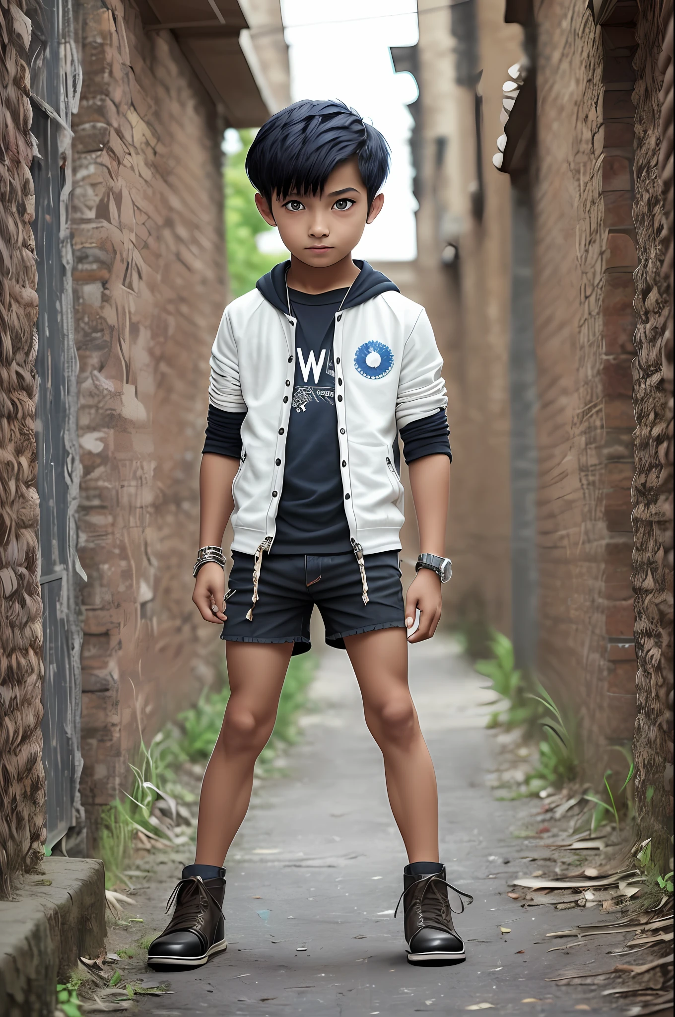 (SFW), young boy, 12 years old, full body, front view, spiky short black hair, brown skin, blue eyes, full body,