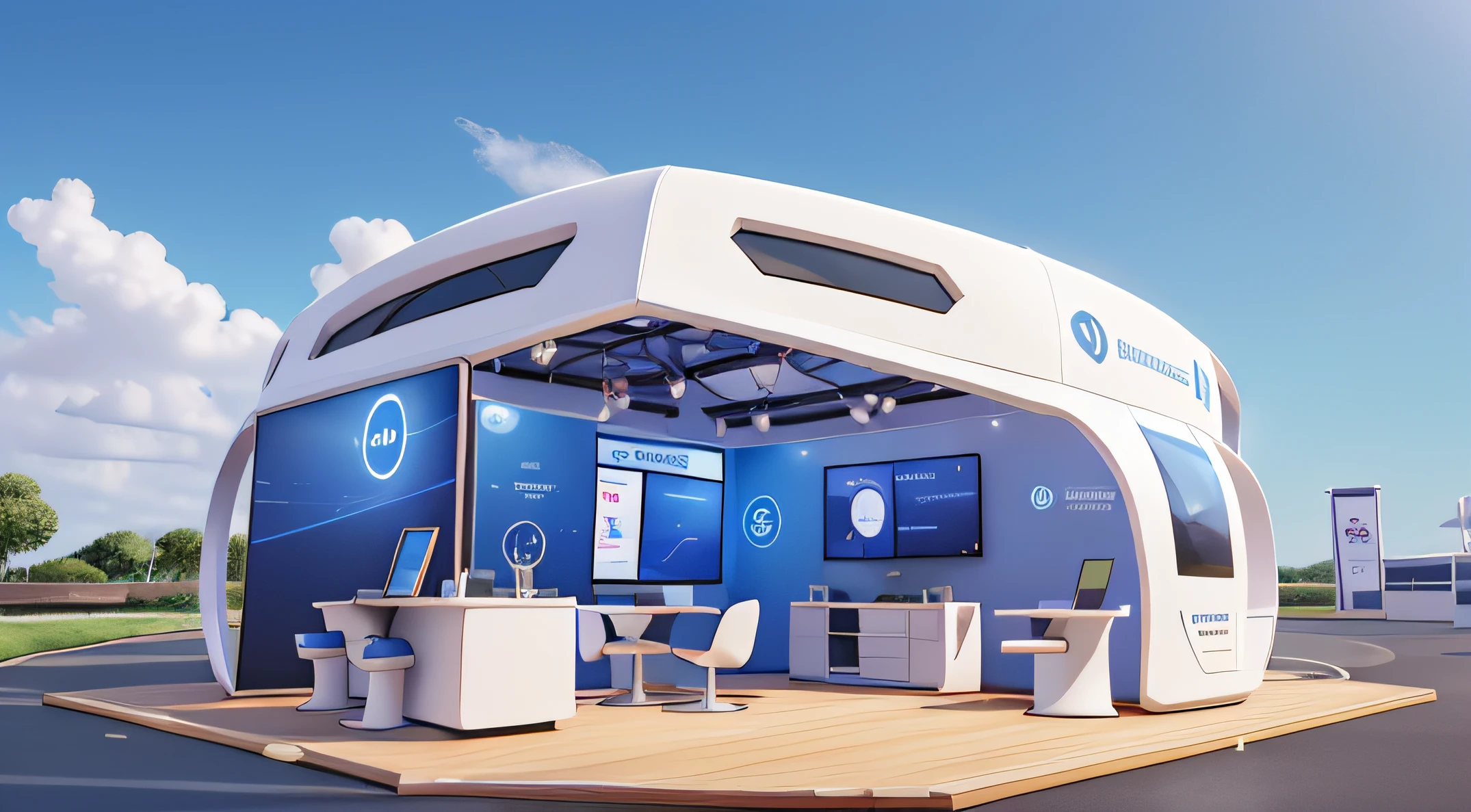 event booth, trade show, technology, futuristic, exhibition, white, 3dcg, bright, fun, blue sky, nature, eco