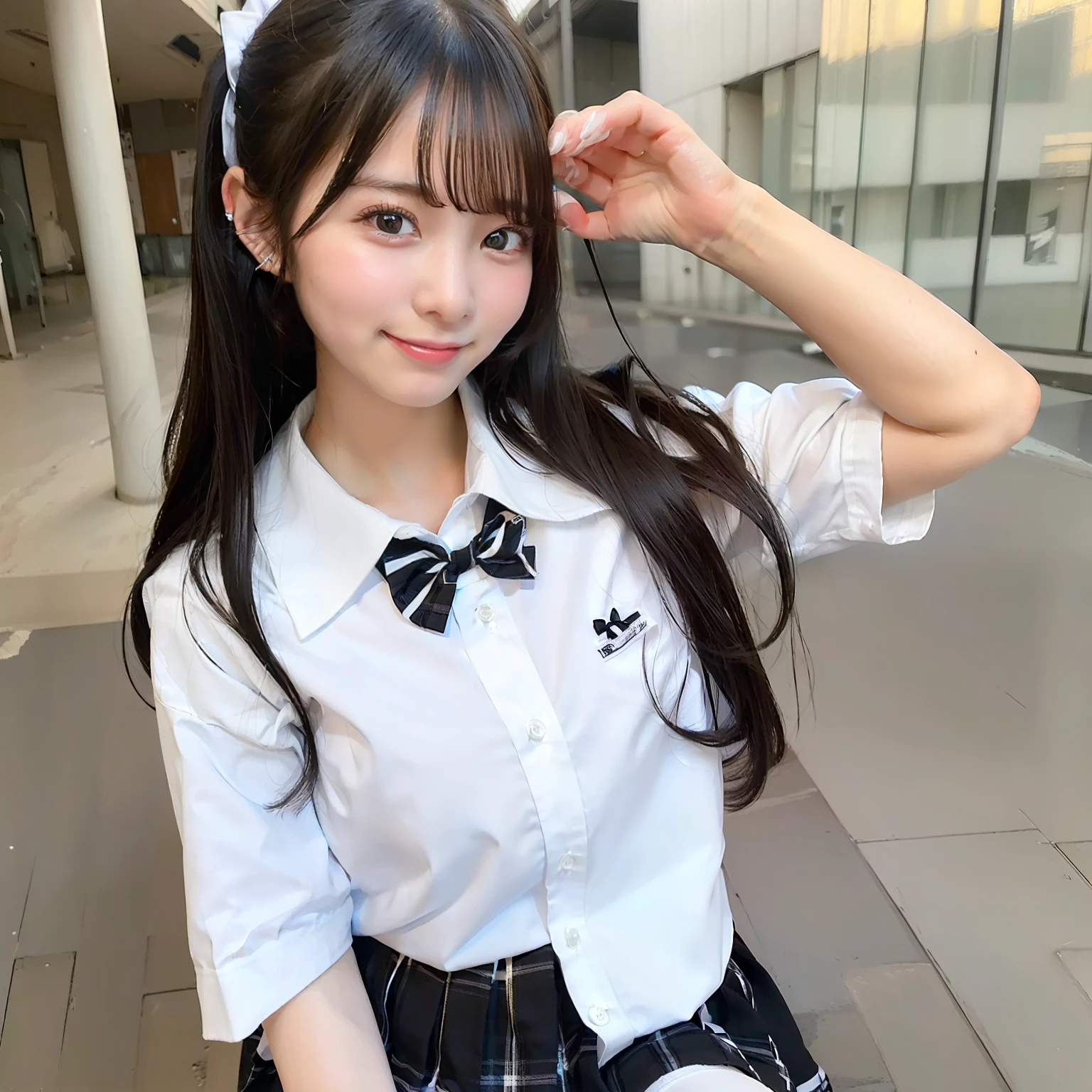 ((((One girl, girl, uniform, black hair, white skin, white shirt))), posing squatting facing the front, smile,