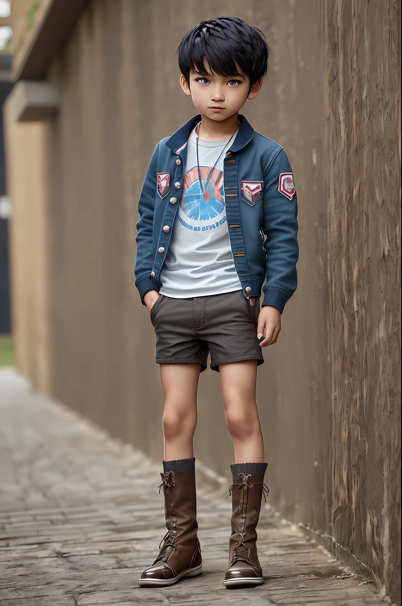 (SFW), young boy, , full body, front view, spiky short black hair, brown skin, blue eyes, full body,