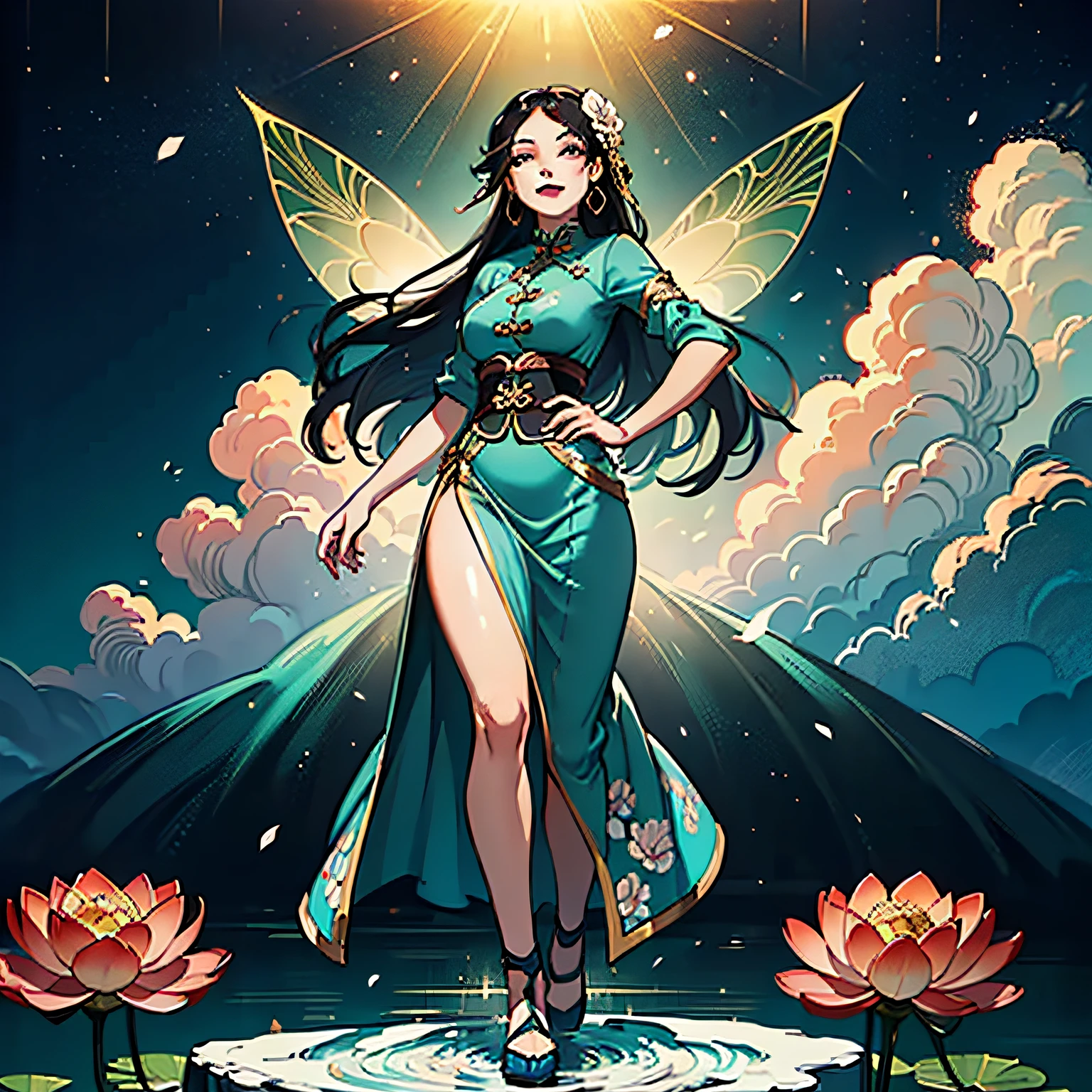 ((High-quality CG, Chinese painting style), (one female), full body picture, character standing painting, a beautiful fairy with hands embraced, Mona Lisa, beautiful and gorgeous posture, beautiful appearance like a flower, dressed in gorgeous clothes, like the first bloom of snow lotus, eyes shining with happiness, full of light, brilliant magic array surrounding, containing oriental aesthetics, gorgeous fairy clothes, exquisite posture, long hair like a waterfall, white light flashing, dreamy clouds, C4D, OC rendering, movie edge light, fine light, masterpiece, super detail, epic composition, ultra HD, high quality, 32k --auto