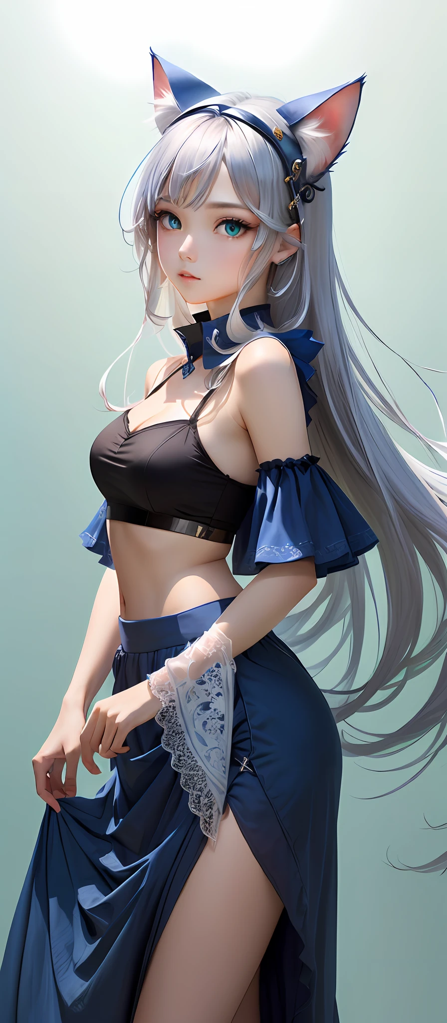 Fluffy cat-eared girl with blue eyes in black top and skirt, (masterpiece:1.1), (best quality:1.1),, long skirt with high waist slit, BREAK [blue:pink:0.5] theme, (gradient background: 1.1 ), cowboy shot, break silver hair, long hair,, green eyes, Delicate headgear