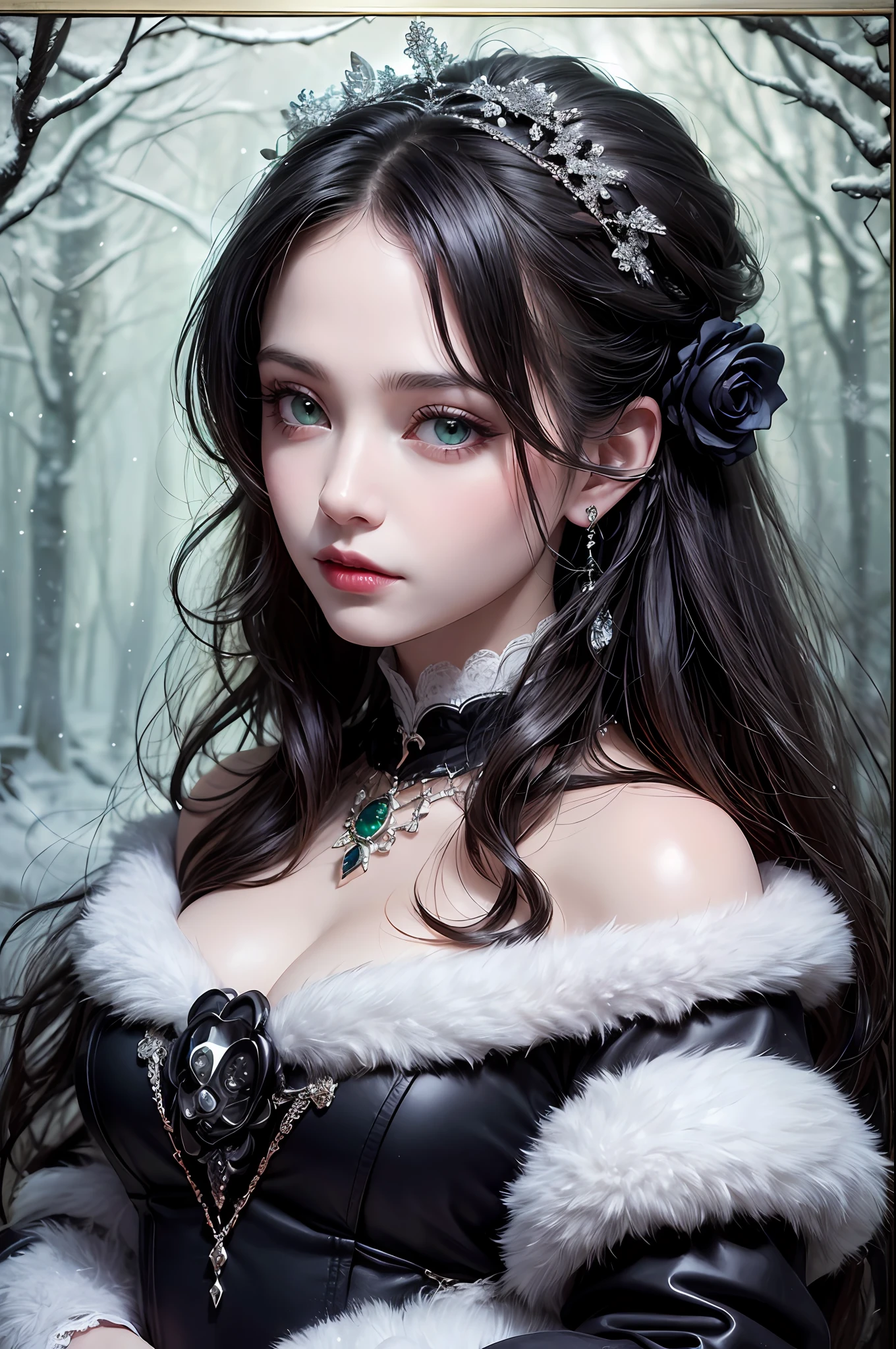 a woman in black victorian dress,robes,skull trinkets,dark roses, green topaz eyes, various wavy hairstyle, makeup:0.5, (earing,neckleace), princess thing, snow forest background, snowfall, delicate eyes, large-breasted, cinematic lighting, ultra hi-res photograph, (masterpiece,top quality,realistic),