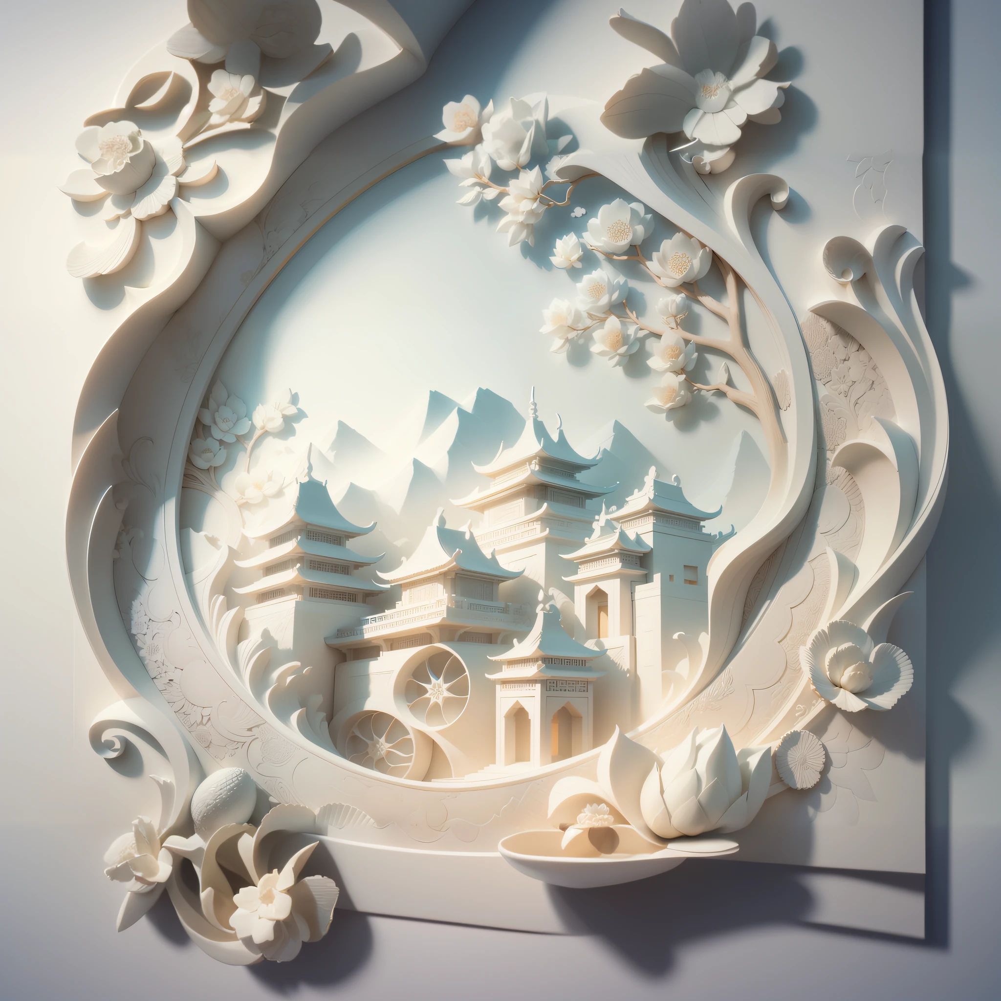 there is a picture of a white wall with a picture of a castle, intricate 3 d illustration, detailed digital 3d art, 3 d render stylized, detailed intricate render, beautiful render of tang dynasty, trend on behance 3 d art, trend on behance 3d art, rendered in cinema4d, rendered in cinema 4 d, 3d render digital art
