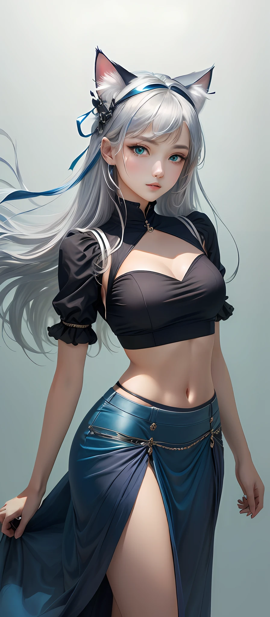 Fluffy cat-eared girl with blue eyes in black top and skirt, (masterpiece:1.1), (best quality:1.1),, long skirt with high waist slit, BREAK [blue:pink:0.5] theme, (gradient background: 1.1 ), cowboy shot, break silver hair, long hair,, green eyes, Delicate headgear
