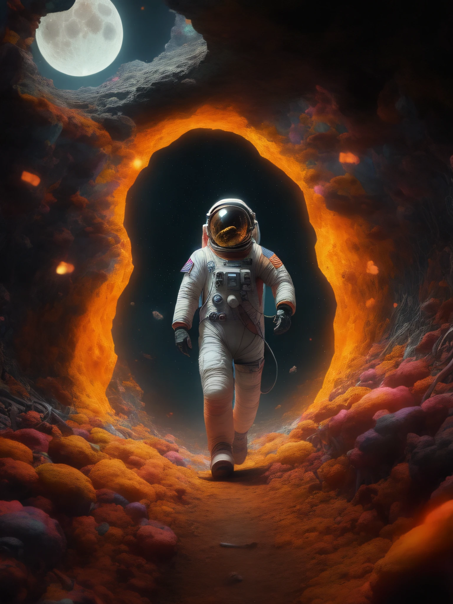 Astronaut in spacesuit through lava tunnel, moon, bee-shaped artwork, bee-shaped colors, bipple art, bipple everyday art, artem demoula bipple, bipple's style mix, greg bipple, bipple!, realism | bipple, bipple masterpiece