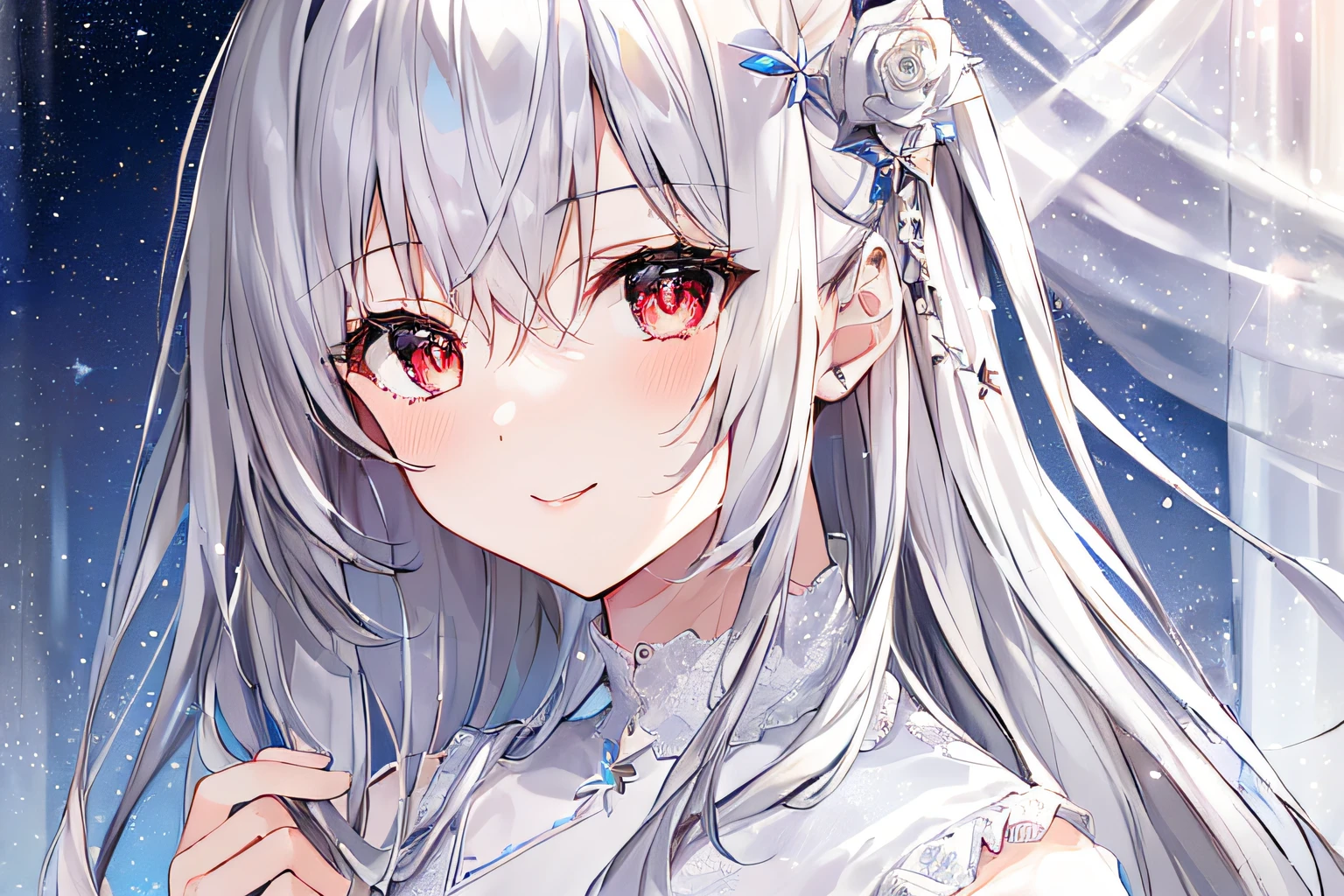 1girl, full body, denim photo, (Rembrandt), illustration, (masterpiece), (best quality), (ultra_detailed), finely detail, (Depth of field), , glove, long hair, star\ (symbol\), looking at viewer, (silver hair:1.2), red eyes, upper body, hair ornament, :p, frills, pink shirt, smile, sleeveless, shirt, idol, symbol-shaped pupils, hands up, sleeveless, shirt, idol, symbol-shaped pupil, bangs, side up, star-shaped pupil, arms up, skirt pulling, roaring twenties, isometric, seen from above, sky, flowerscliff