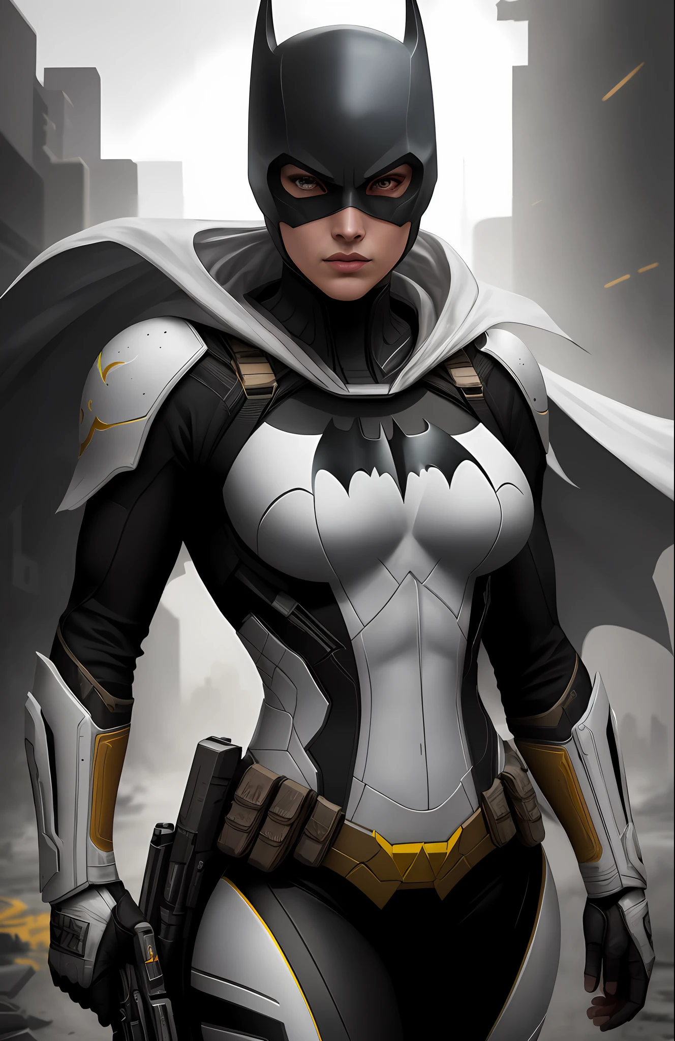 (dark shot: 1.1), epic realistic, Horseman of the Apocalypse White Batgirl from DC, yellow gradient, black, brown and magenta color scheme, grunge aesthetic!!! graffiti tag wall background, art by Greg Rutkowski and artgerm, soft cinematic light, Adobe Lightroom, darkroom, HDR, intricate, highly detailed, (depth of field: 1.4), faded, (neutral colors: 1.2), (hdr: 1.4), (muted colors: 1.2), hyper-detail (artstation: 1.4), cinematic, warm light, dramatic light (complex details: 1.1)