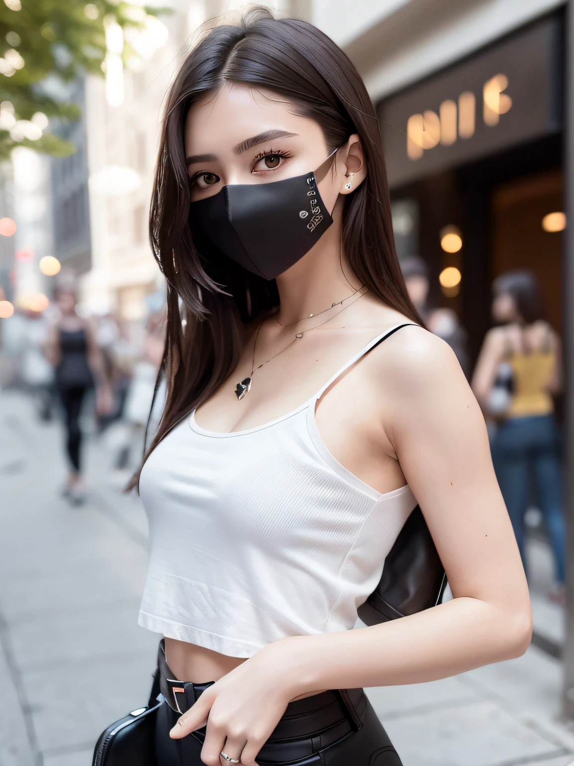 (masterpiece:1.3), (8k, photorealistic, RAW photo, best quality: 1.4), (1girl), beautiful face, (realistic face), (black hair, long hair:1.3), beautiful hairstyle, realistic eyes, beautiful detailed eyes, (realistic skin), beautiful skin, (sweater), absurdres, attractive, ultra high res, ultra realistic, highly detailed, golden ratio, woman wearing a face mask standing on a street at night, wearing mask, on a street at night, profile image, 8k selfie photograph, night photo