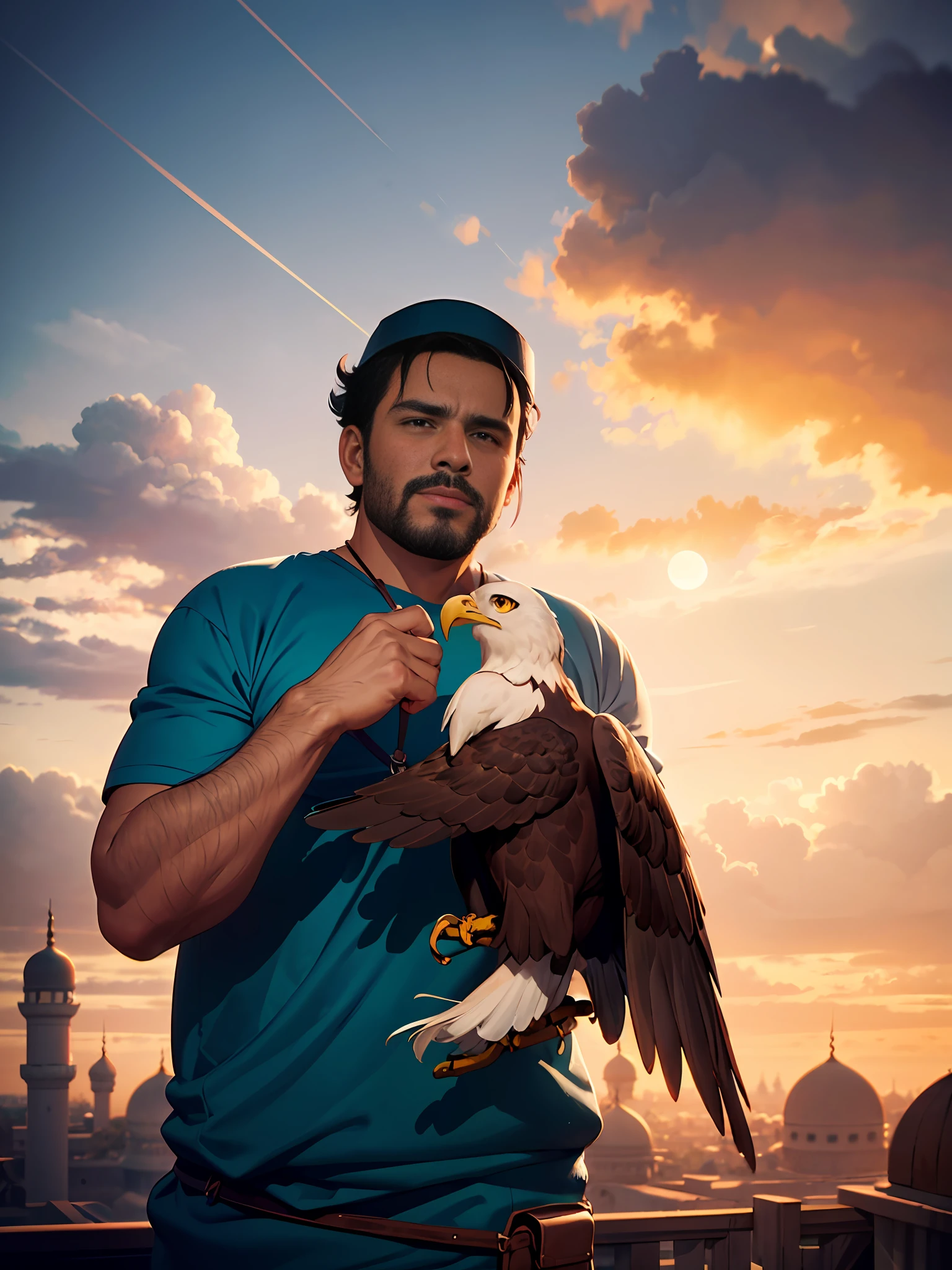 eagle feet stand on man hand, man with his brown eagle on his left hand, a knight, outdoors, make background, in dessert,((brown eagle : 1)) in front of village and masjid and, ultra bright, daylight, day time, sun rays, realistic scene, bright daylight, charming details, full scene, fussy, particular, firefly, max quality, 3d, blender scene, ultra reflective, volumetric elements, moon rising, 2.5D, pixar environment, polygon style, aesthetic, village, mosque, studio ghibli style, intense soft colors, high vibrant, high contrast, micro details, macro details style, infinite zoom, max contrast, max poly, polychrome, ornamented, realistic digital art,