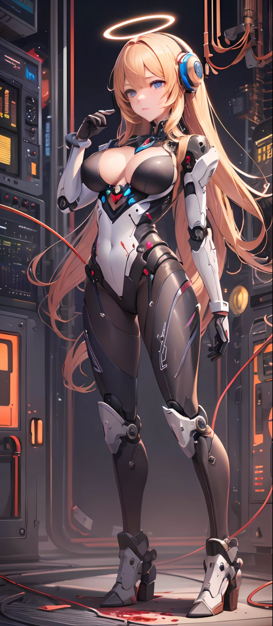 (Masterpiece, Top Quality, Best Quality, Official Art, Beautiful and Indulgent: 1.2), (1 Girl: 1.3), Very Detailed, Colorful, Supreme Details ((Super Detailed)), (Highly Detailed CG Illustration), (Very Delicate and Beautiful)), (Huge Robot Background), (Standing in front of the Machine), (From the Side), (Floating in the Air), (Full Body), Cinematic Light, (1 Robot Girl)), (Angel), (Halo), (Solo), (Open Legs), (mechanical joints: 1.2), ((mechanical limbs)), (blood vessels attached to tubes), (mechanical vertebrae attached to the back), (mechanical cervical vertebrae attached to the neck)), poker face, (wires and cables connected to the neck: 1.2), (wires and cables connected to the neck: 1.2), (character focus), (lower body integrated with organs), (camel hooves), (M legs), (lying down), (BDSM) (improved), (big breasts), (tits shake) (inserted a lot of tentacles) (shock), (gemstone), equipment man), (laser), (sexy pose), science fiction, reality, black background, (blood ,,,,,,,,,,,,: 1.5) huge, shock, , half, rubbing chest with hands, hand touch, shirtless, camel hooves, sexy pose, sexy clothing, sexy, , aesthetics, masterpiece, best quality, reality