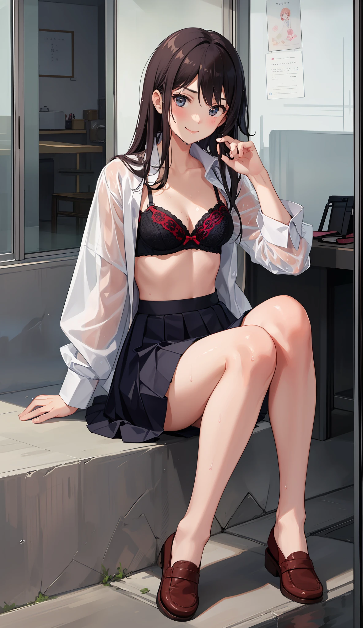 1 girl, smile, shirt, skirt, (small) chiralism, Japan high school school uniform, seravuk, summer clothes, squall-wet uniform, sheer bra, (portrait from knee up),