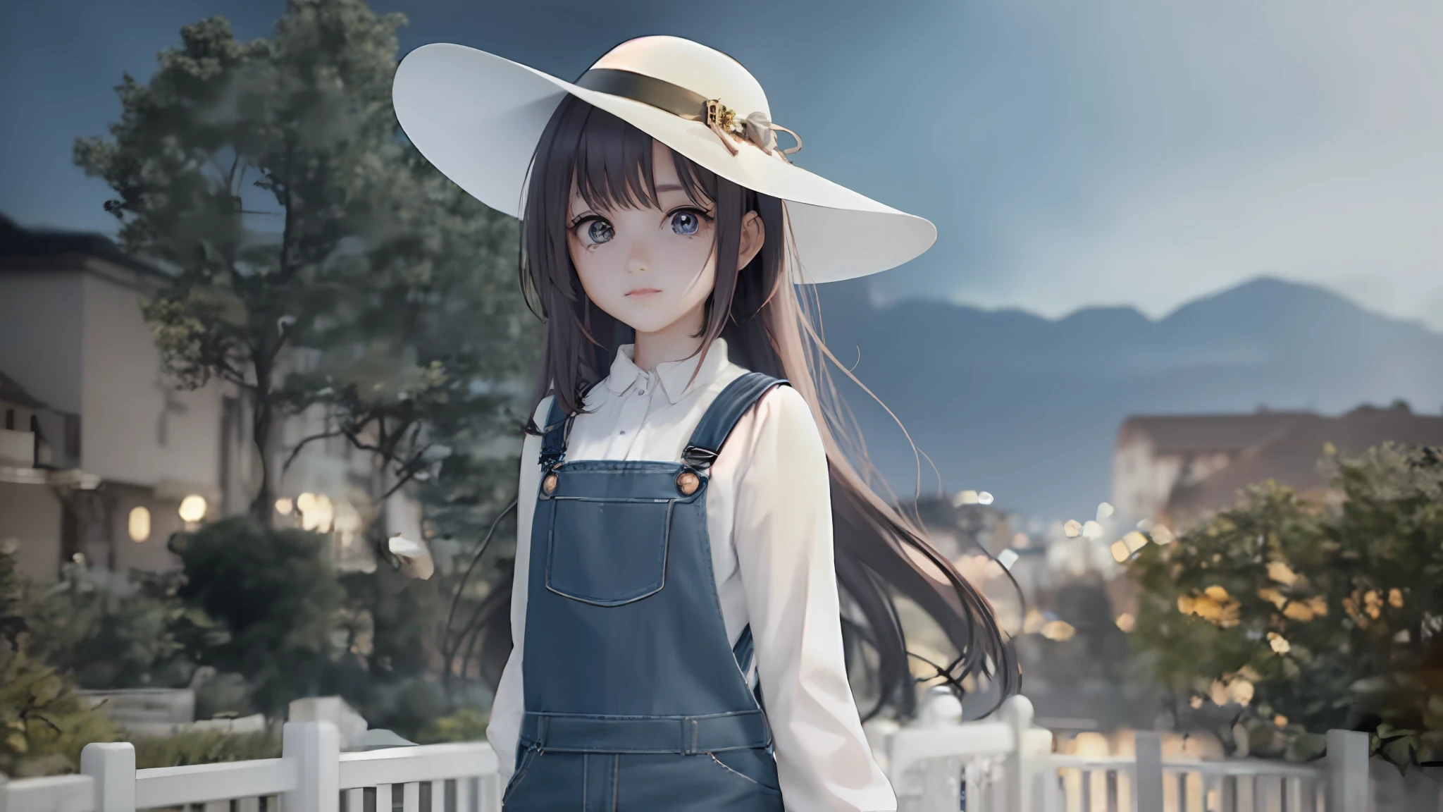 anime girl in a white hat and overalls standing in front of a fence, render of a cute 3d anime girl, photorealistic anime girl render, photorealistic anime, artwork in the style of guweiz, realistic anime 3 d style, anime style. 8k, anime style 4 k, 3 d anime realistic, anime styled 3d, 3d anime girl