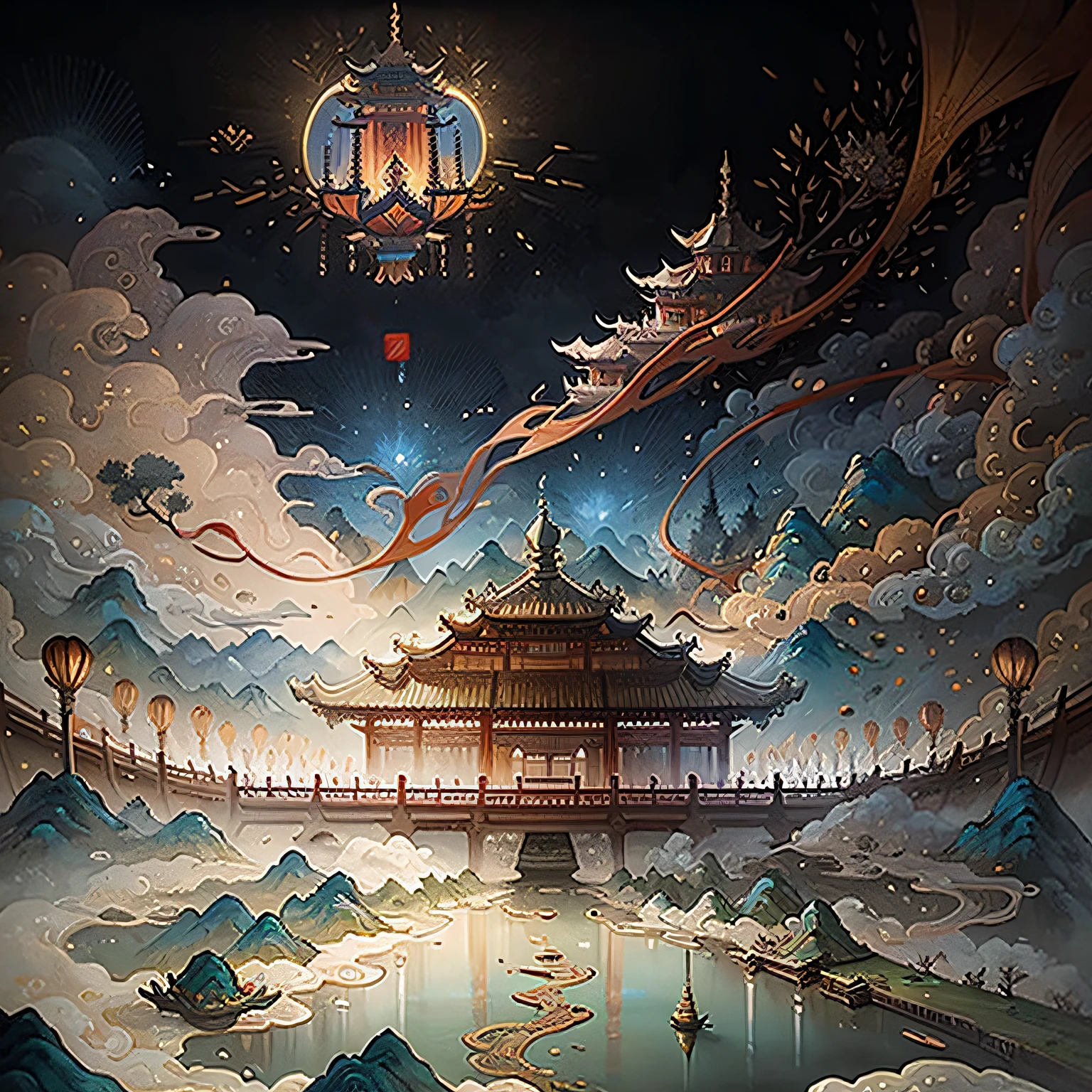 An ancient Chinese painting, ancient Chinese background, mountains, rivers, auspicious clouds, pavilions, sunshine, masterpieces, super detail, epic composition, ultra HD, high quality, extremely detailed, official art, unified 8k wallpaper, Super detail, 32k -- v 6