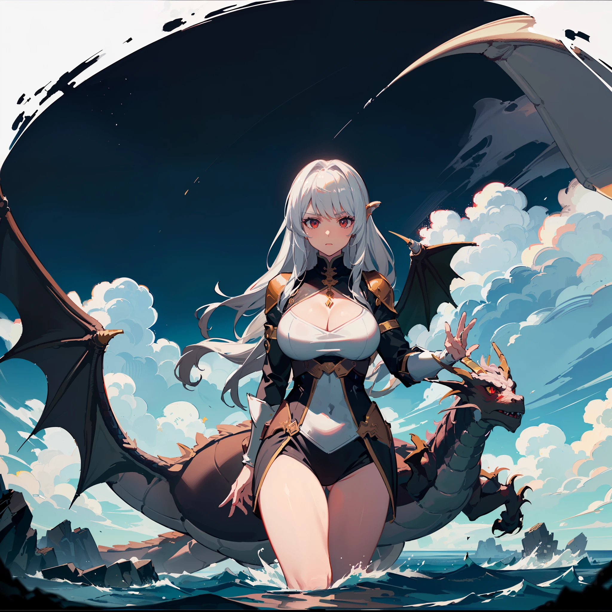 (((((Dragon Knight))))).,((surrounded by Dragon at 1.6)),(((sliver))),(splendid Oceans, hurricane,eddies, clouds)),((light)),(shine),(wallpaper 8k ),(wind),loli,(((magical))),((((((Maiden))))))，(((((Dragon with Lady )))))， demons,(((((huge dragon on the background.))))) wings.white loli, thin, chinese, red pupil,