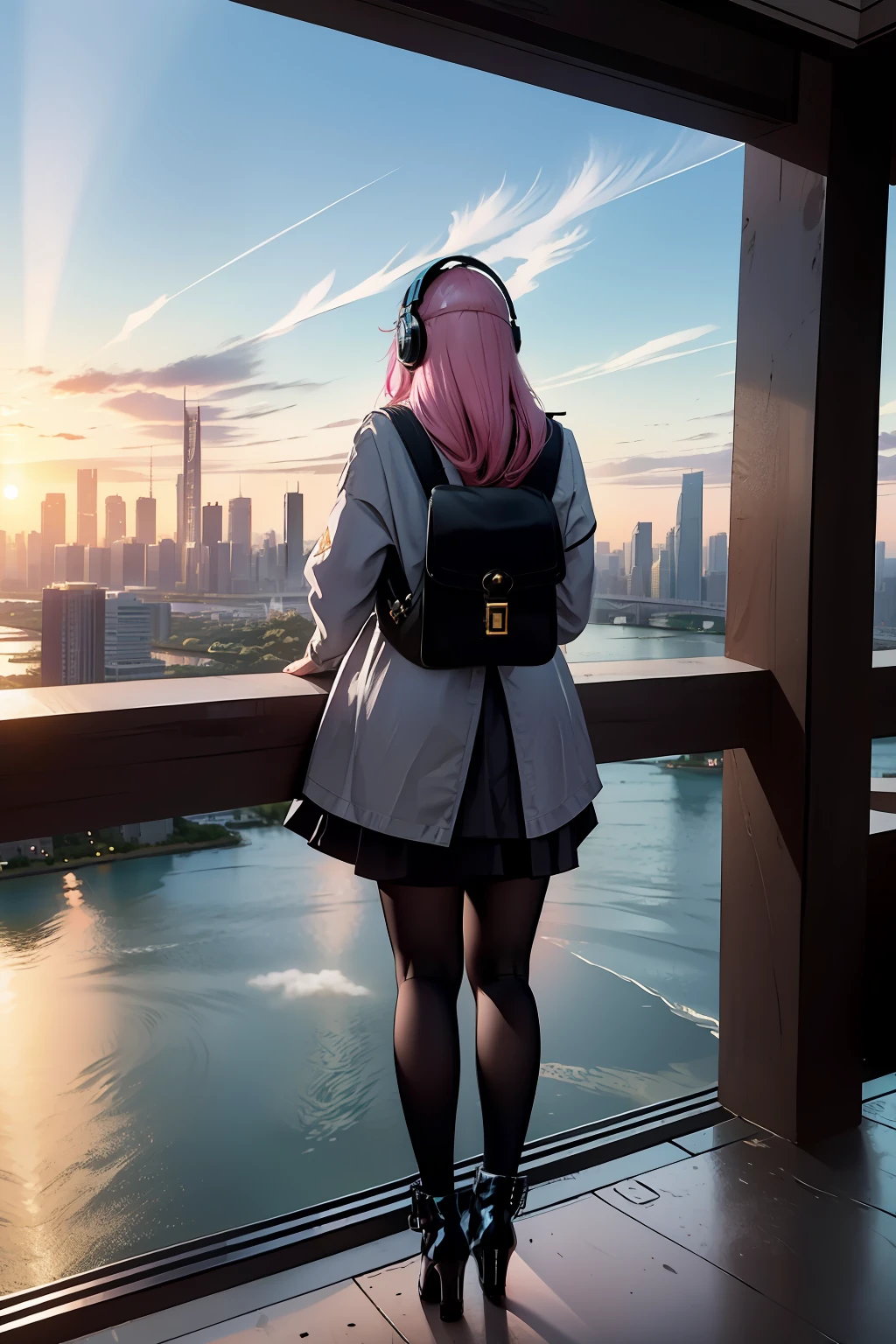 woman standing on a hill overlooking a futuristic city, 1girl, cityscape, city, cloud, scenery, dragons flying in the sky, skyscrapers, long hair, pink hair, from behind, sunrise, facing away, water, river, waterfall, light rays, bridge, backpack, large headphones, high heeled boots, black pantyhose, pencil skirt, masterpiece, highly detailed,