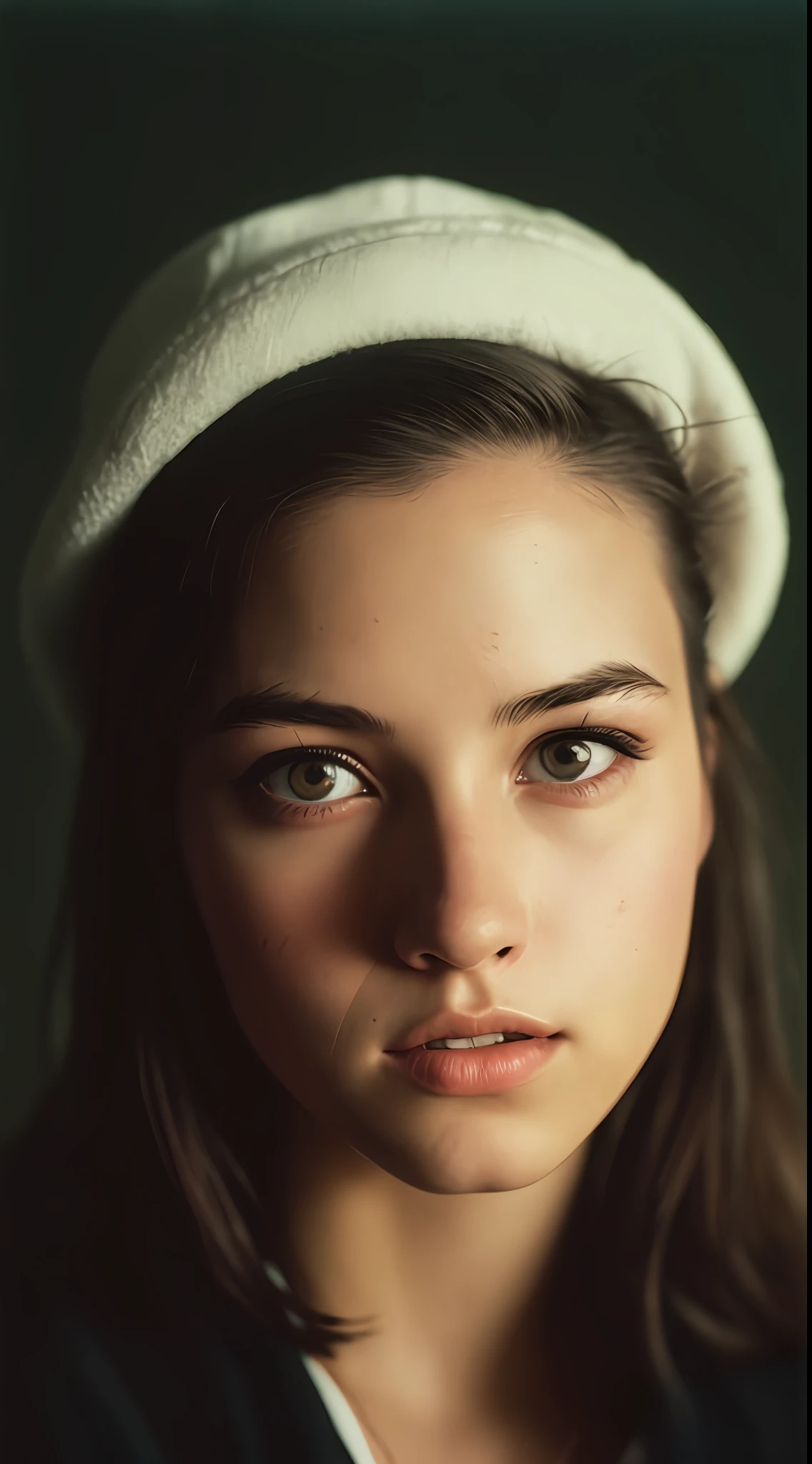 (close-up, editorial photograph of a 20 yo woman from the 1940's), (highly detailed face:1.4) (smile:0.7) (background inside dark, moody, private study:1.3) POV, by lee jeffries, nikon d850, film stock photograph ,4 kodak portra 400 ,camera f1.6 lens ,rich colors ,hyper realistic ,lifelike texture, dramatic lighting , cinestill 800,