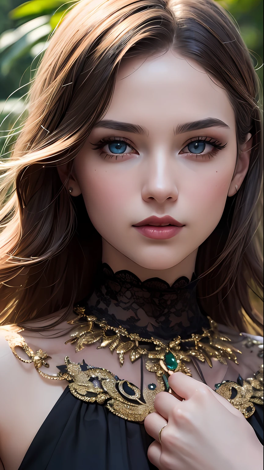 (skindentation:1.5), realistic, realistic, (masterpiece:1.5), concept art, intricate detail, highly detailed, realistic, octane rendering, 8k, unreal engine, dynamic pose, best quality, high resolution, (realistic face:1.1), (hyperrealism:1.1), ((full_body)), perfect eyes, (shiny skin: 1.2), (((hairstyle))), (((perfect hand)) ), (Very detailed background), ((Dynamic background) ), ((Rainforest), (Wild fruit), ((1girl)), Steady, restrained, (((Shining light))), ((Detailed eyes, High quality eyes, High quality face)), (Vintage dress), Brown curly hair with golden eyes, Green forest, ((dramatic)), Epic, Depth of field, Bokeh, 4k, Gothic, Ash, Particles