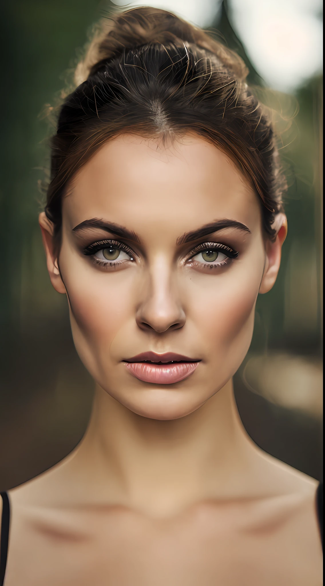 closeup portrait of a young sexy Russian woman with revealing Fit and flare dress in Spa retreat , symmetrical face,  Outdoor lighting, Brooding atmosphere, sharp eyes