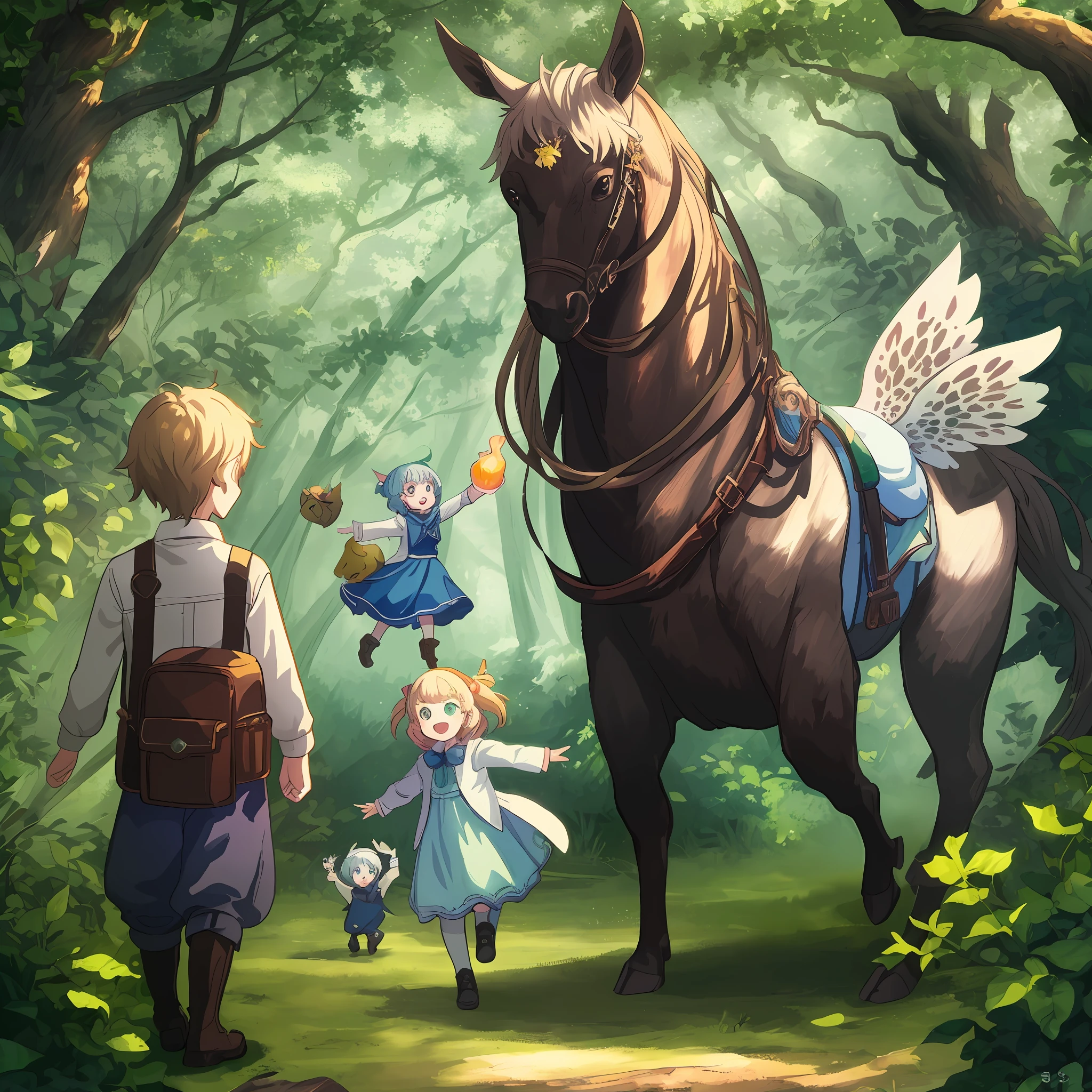 Masterpiece, best quality, (very detailed CG unit 8k wallpaper) (best quality), (best illustration), (best shadows) (children's art) late afternoon, forest, party, magical creatures, girl in green dress