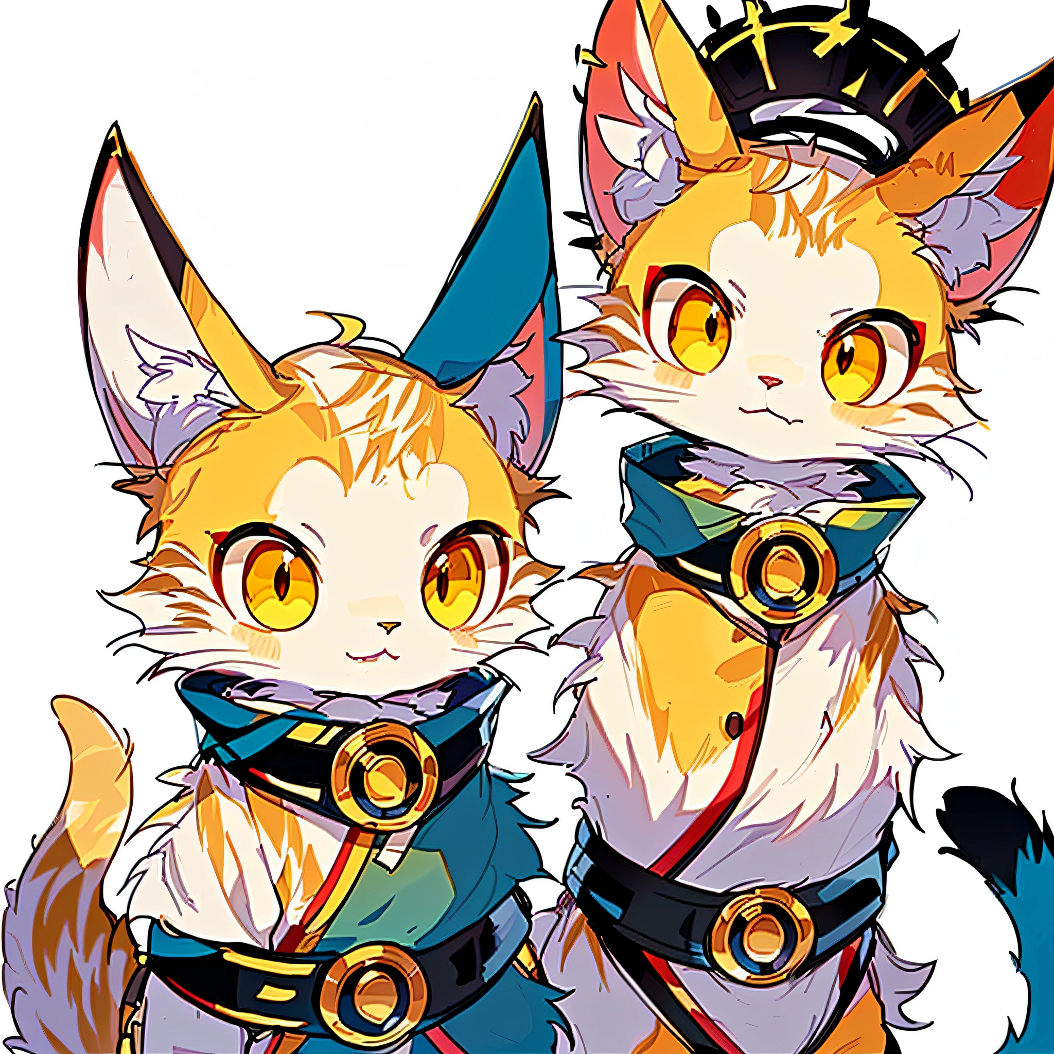 anime - style cats dressed in costumes and hats are sitting together, anime cat, sora as a cat, anime visual of a cute cat, anthropomorphic cat ninja, zerochan art, wearing golden cat armor, very very beautiful furry art, character art of maple story, cute cyber gods, illustration of 2 cats, genshin, pixiv, samurai pizza cats