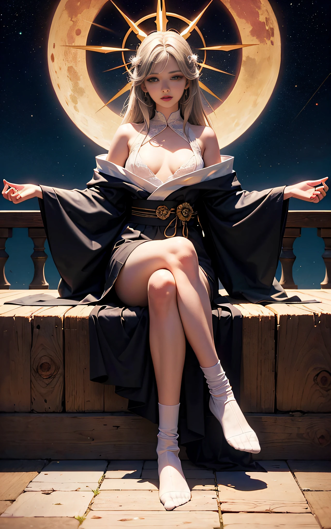VISUAL STYLE: Detailed, GENRE: Masterpiece, ITEM(S): Very Beautiful Girl, TIME PERIOD: N/A, COLOR: White, ASPECT RATIO: 9:16, FORMAT: Digital, FRAME SIZE: Ultra High Resolution, LENS SIZE: N/A, COMPOSITION: unbuttoned kimono, white long hair, eyes of different colors, very beautiful eyes, Sitting in the lotus position, hands pointing to the sides, LIGHTING: Dim, LIGHTING TYPE: Membranous, TIME OF DAY: Night, ENVIRONMENT: Exterior, LOCATION TYPE: Starry Sky, SET: N/A, CAMERA: N/A, LENS: N/A, FILM/RESOLUTION: Ultra High Resolution, TAGS: Detailed Anatomy, Flawless Anatomy, White Socks, Short Socks, Tattoo, Mantra Reading, Big Fluffy Hare, Red Moon, Detailed Eyes, Eyes of Different Colors, Detailed Face, Nude, NfsW, Halo Around Head, Bare Shoulders.