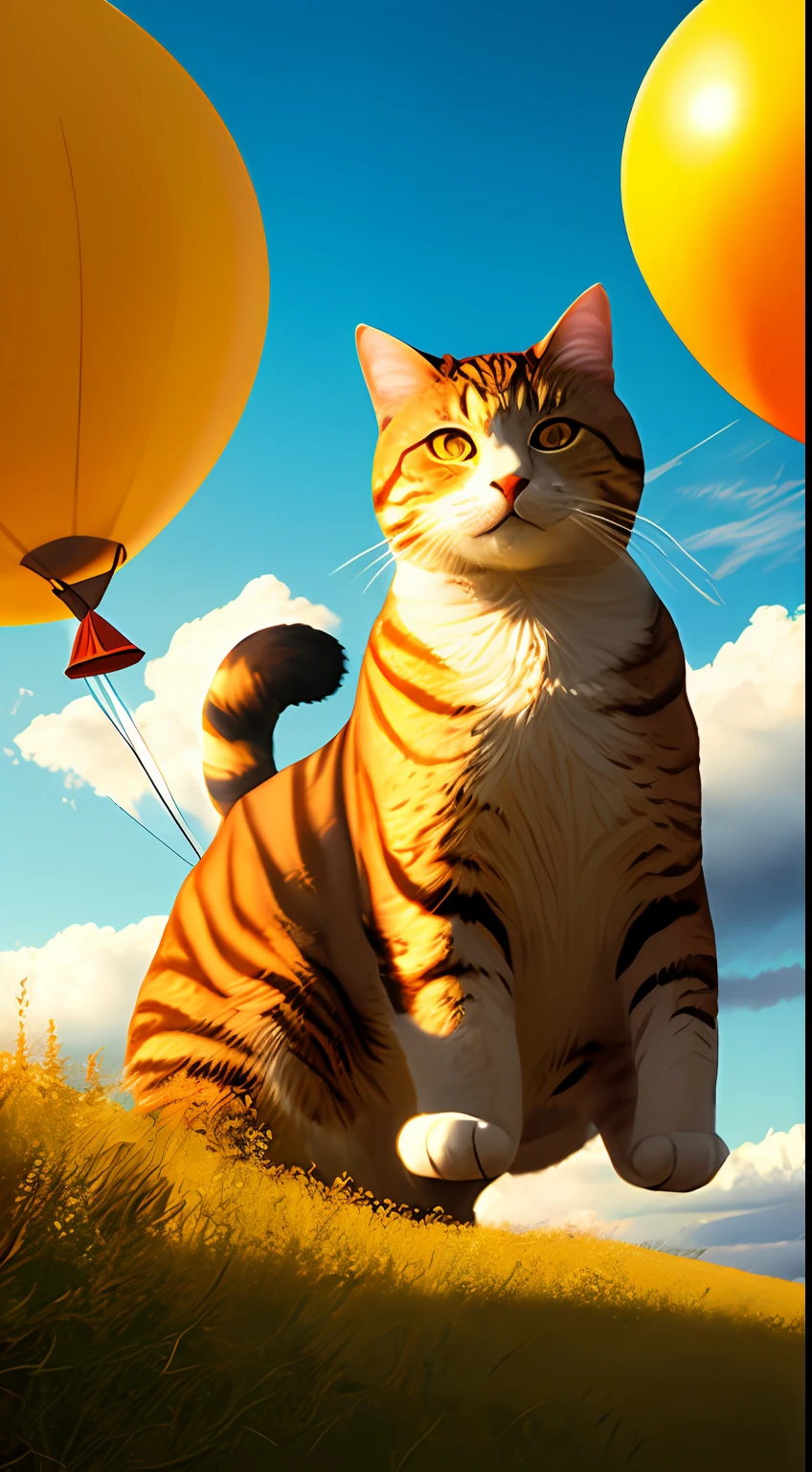 A scenic, golden-yellow oatfield with a giant cat-shaped balloon floating overhead. --auto