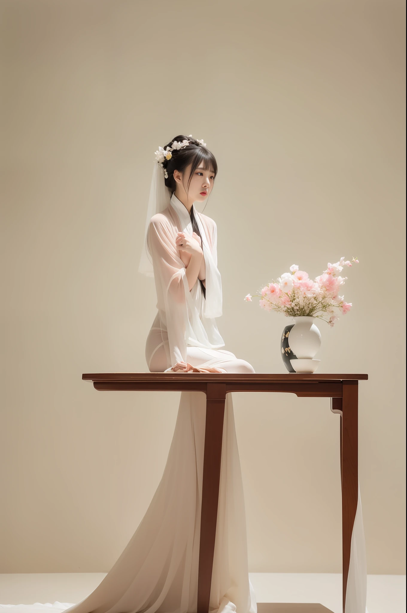 there is a woman sitting on a table with a flower in a vase, elegant japanese woman, chinese style, inspired by Tang Yin, by Mei Qing, stunning elegant pose, inspired by Gao Qipei, by Tan Ting-pho, elegant floating pose, by Fei Danxu, white hanfu, flowing sakura silk, inspired by Ma Yuanyu, inspired by Dai Xi --auto