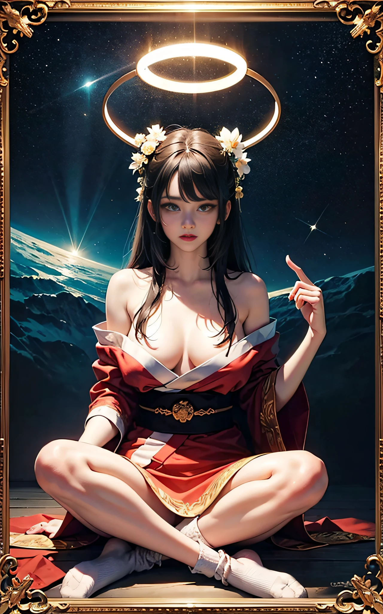 VISUAL STYLE: Detailed, GENRE: Masterpiece, ITEM(S): Very Beautiful Girl, TIME PERIOD: N/A, COLOR: White, ASPECT RATIO: 9:16, FORMAT: Digital, FRAME SIZE: Ultra High Resolution, LENS SIZE: N/A, COMPOSITION: unbuttoned kimono, white long hair, eyes of different colors, very beautiful eyes, Sitting in the lotus position, hands pointing to the sides, LIGHTING: Dim, LIGHTING TYPE: Membranous, TIME OF DAY: Night, ENVIRONMENT: Exterior, LOCATION TYPE: Starry Sky, SET: N/A, CAMERA: N/A, LENS: N/A, FILM/RESOLUTION: Ultra High Resolution, TAGS: Detailed Anatomy, Flawless Anatomy, White Socks, Short Socks, Tattoo, Mantra Reading, Big Fluffy Hare, Red Moon, Detailed Eyes, Eyes of Different Colors, Detailed Face, Nude, NfsW, Halo Around Head, Bare Shoulders.