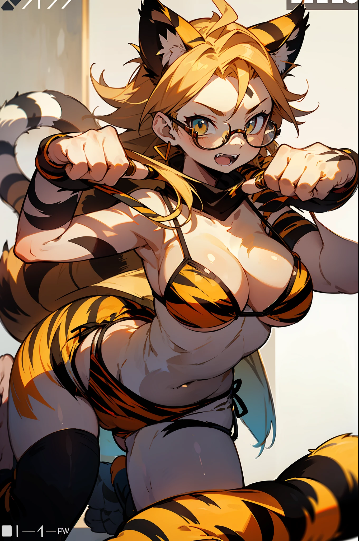 master-piece,hyper quality, hyper detailed,perfect drawing,1 beautiful girl,((glasses))),((hairstyle that sticks out forehead),((tiger print bikini)),(tiger print bikini),(tiger ears)(tiger tail),(tiger arms),(tiger legs)(tiger fingers), sharp claws, sharp fangs, hunter's eyes aiming at prey, black and blonde mesh, sharp eyes, Height 177cm, Measurements B95W60H90, kneeling, pow pause