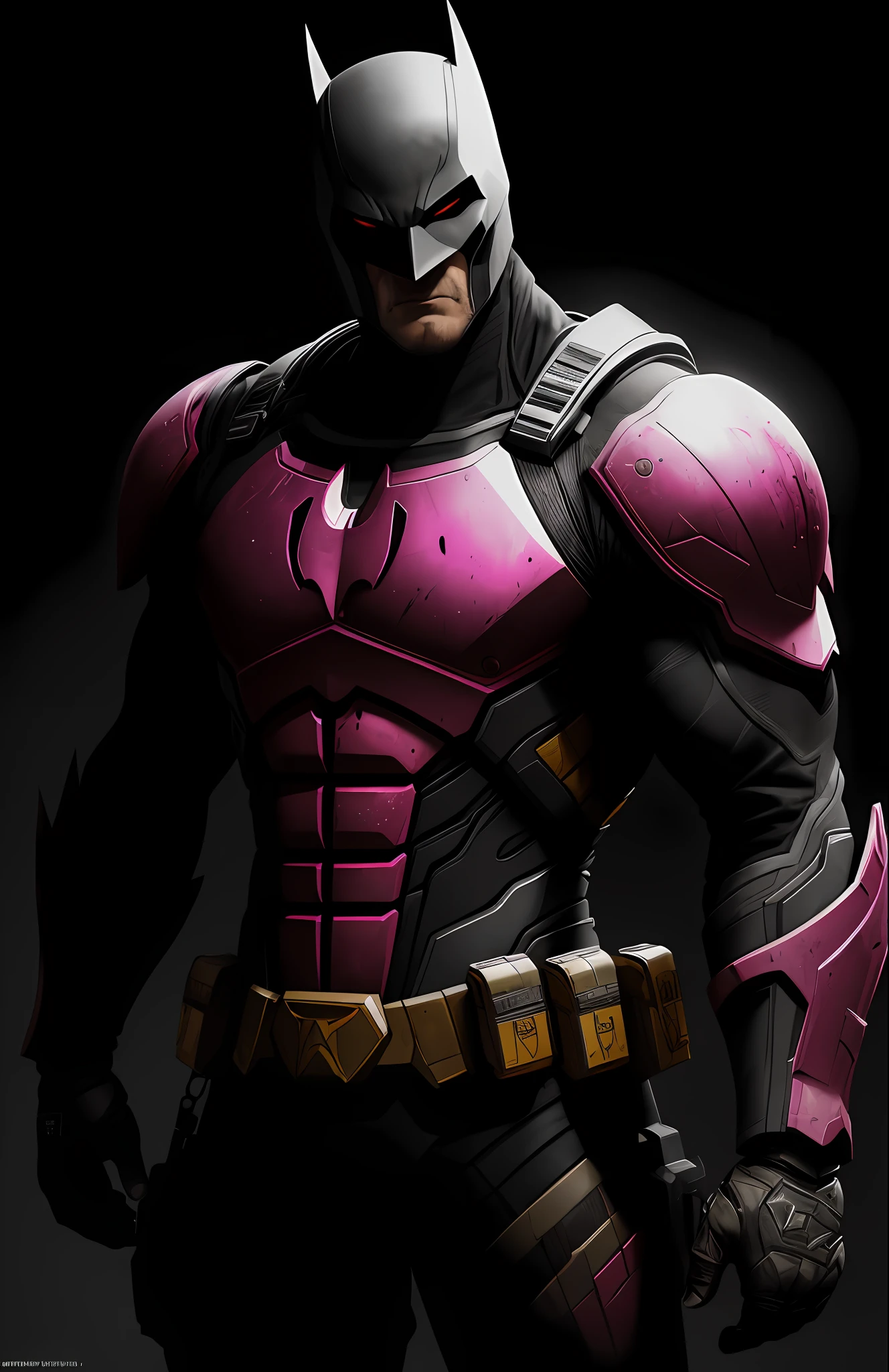 (dark shot: 1.1), epic realistic, Horseman of the Apocalypse Pink Batman from DC, yellow gradient, black, brown and magenta color scheme, grunge aesthetics!!! graffiti tag wall background, art by Greg Rutkowski and artgerm, soft cinematic light, Adobe Lightroom, darkroom, HDR, intricate, highly detailed, (depth of field: 1.4), faded, (neutral colors: 1.2), (hdr: 1.4), (muted colors: 1.2), hyper-detail (artstation: 1.4), cinematic, warm light, dramatic light (complex details: 1.1)